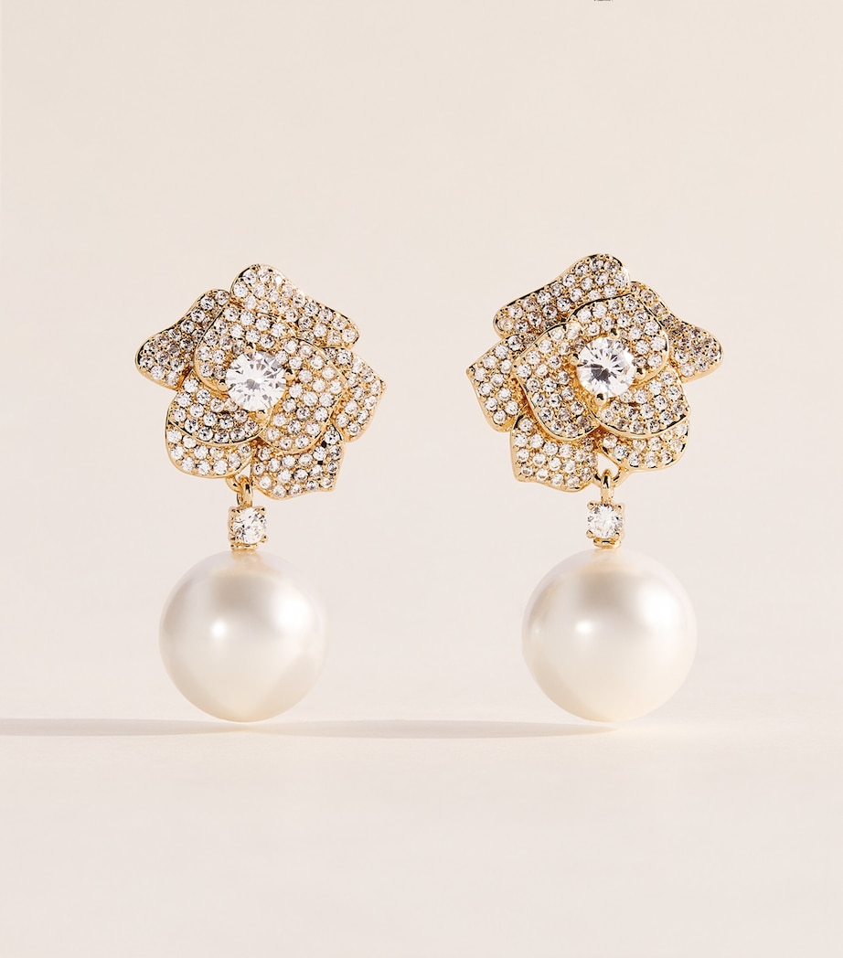 Self-Portrait Crystal and Faux Pearl Flower Earrings Gold Image 1