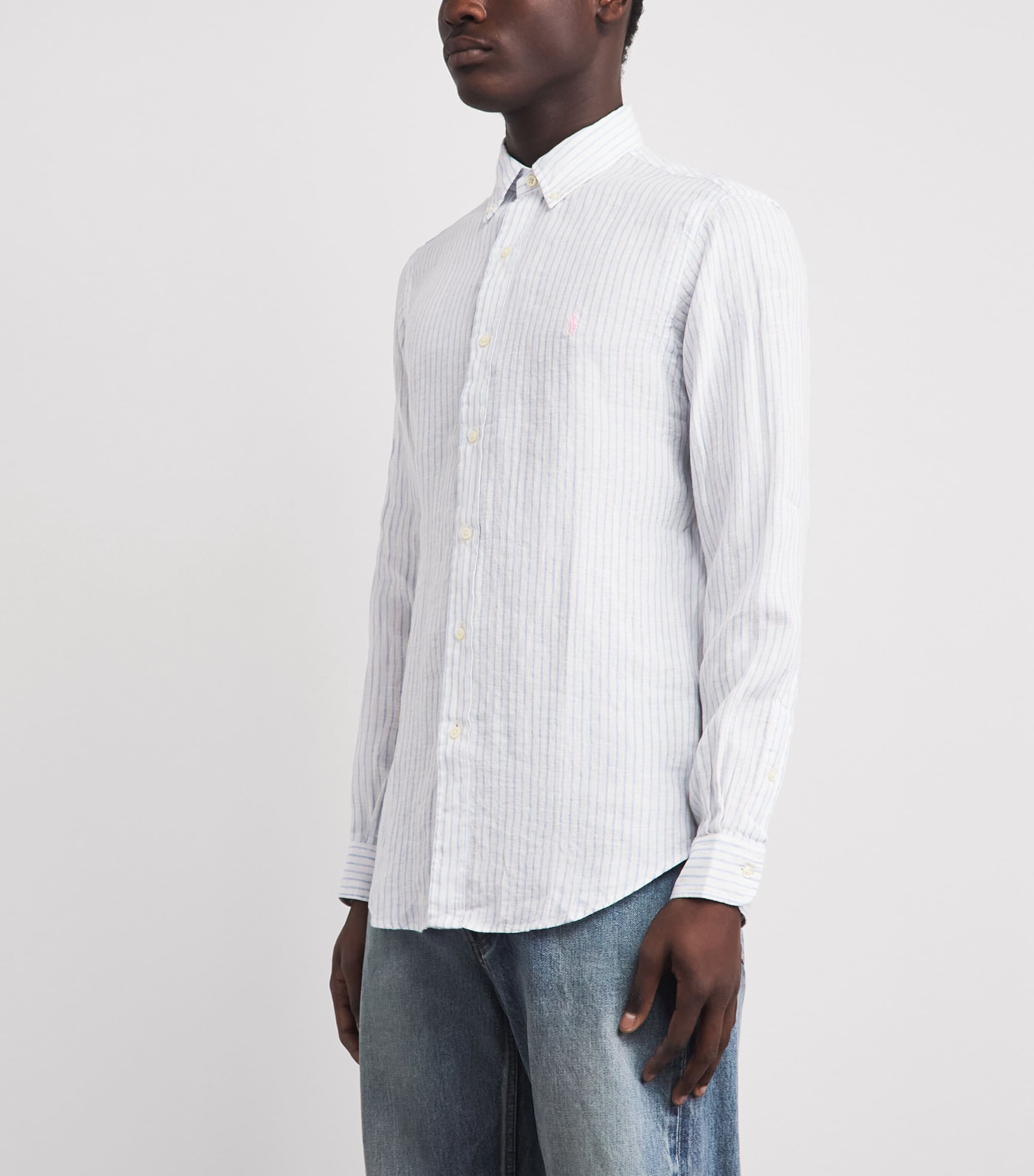 Polo Ralph Lauren Mens Linen Custom-Fit Stripe Shirt White Blue Image 4