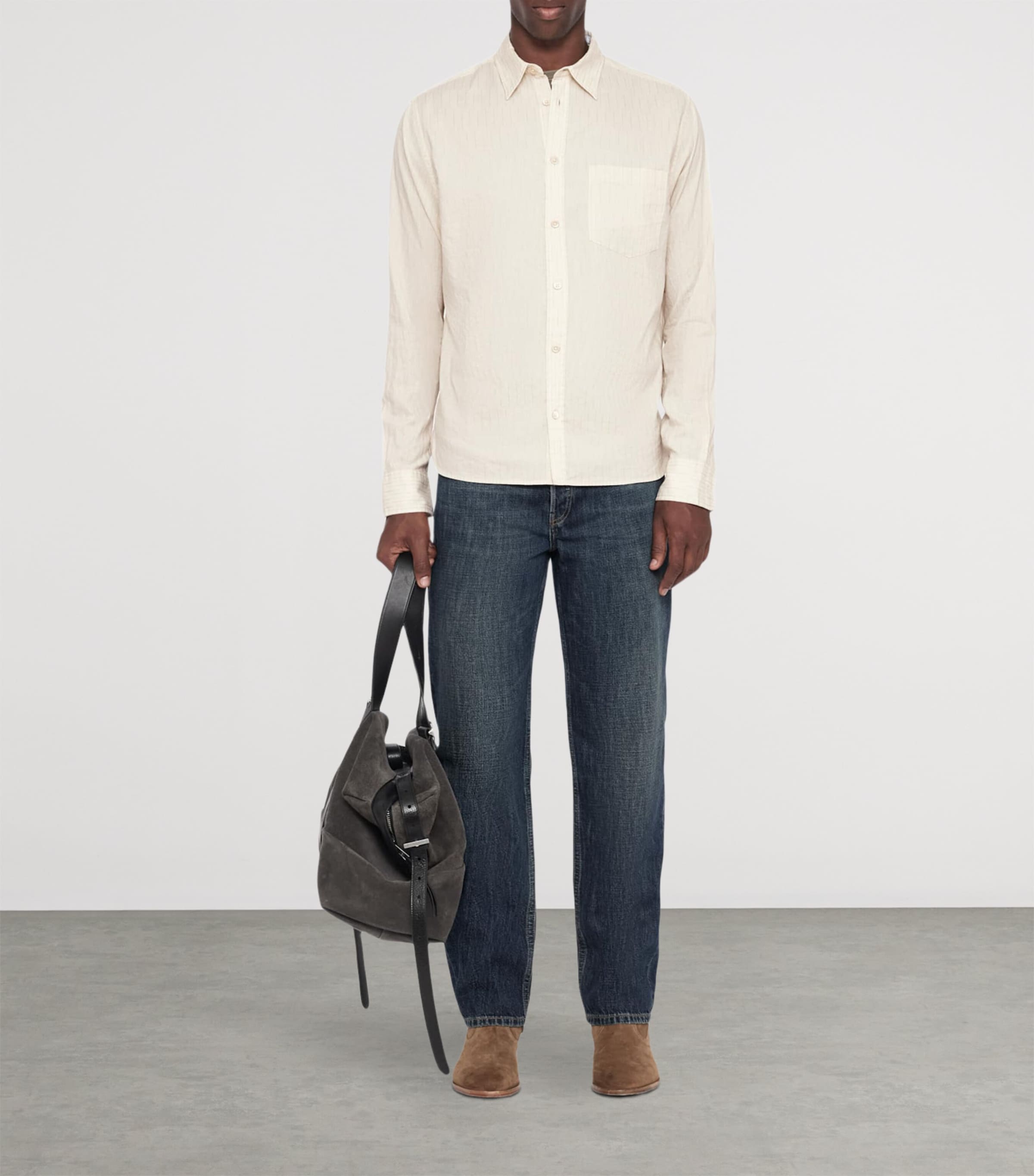 AllSaints Mens Organic Cotton Stripe Judd Shirt Cream Taupe Image 2