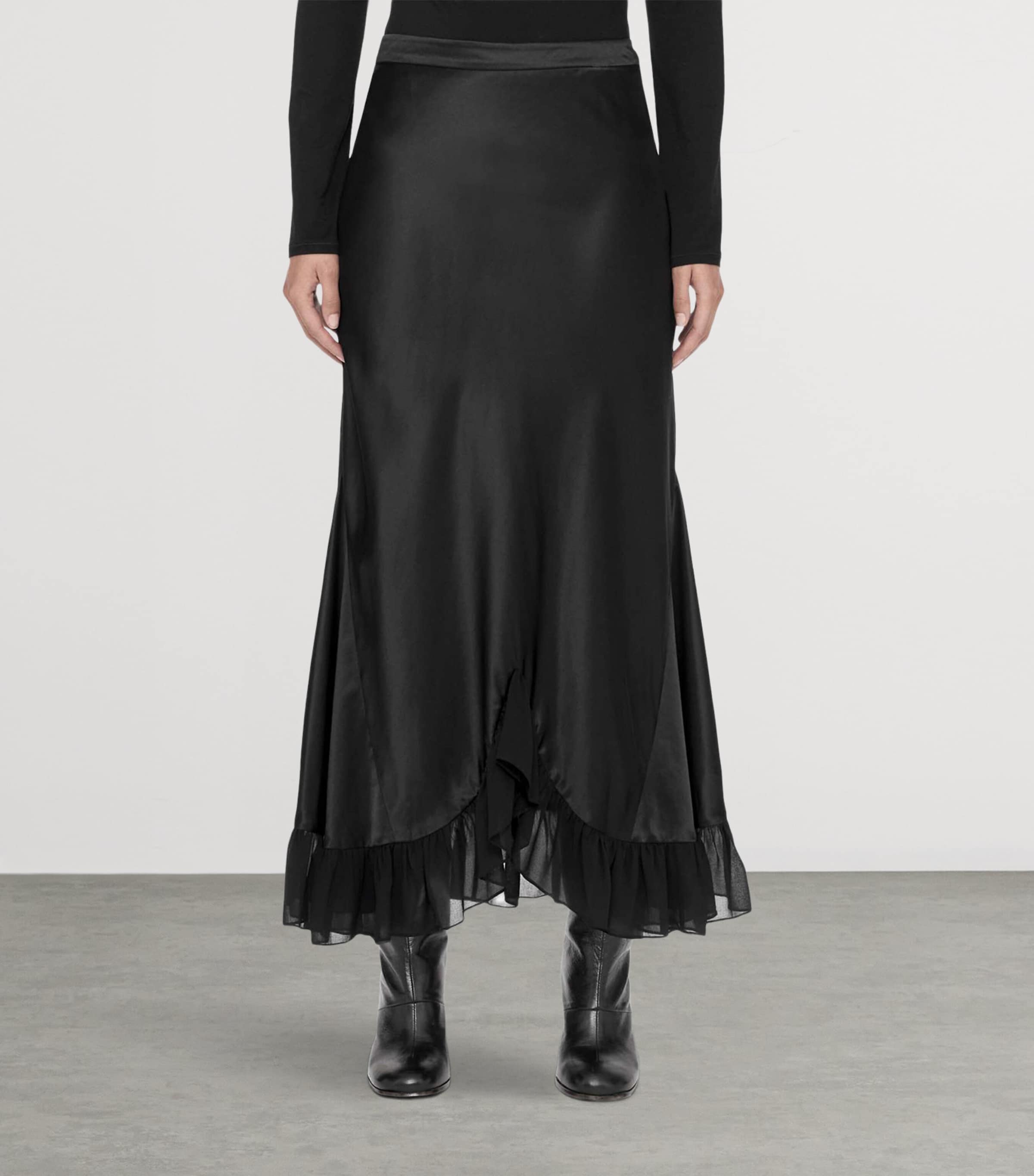 AllSaints Womens Satin Ruffle-Hem Irma Skirt Black Image 3