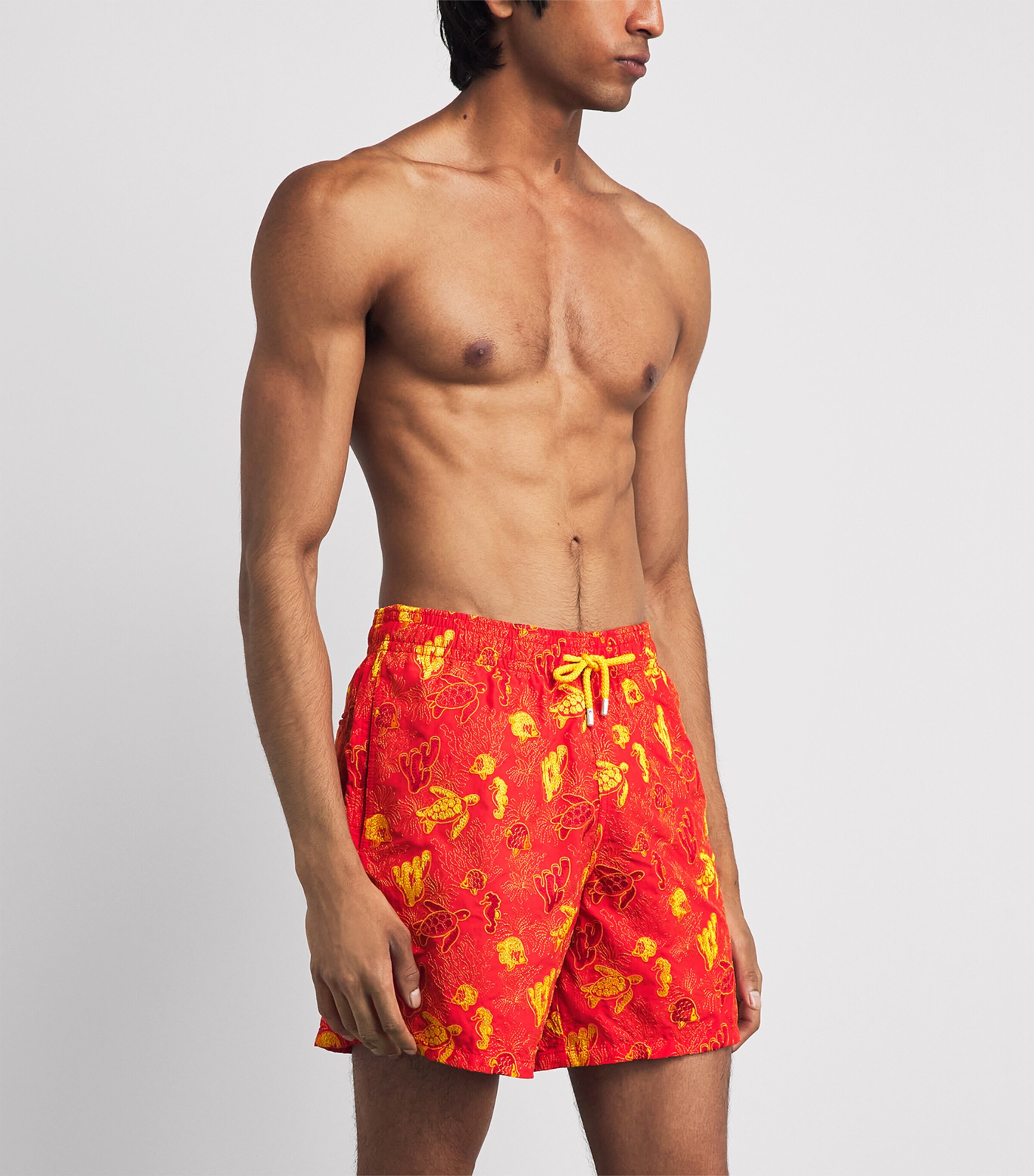 Vilebrequin Mens Aquatic Life-Embroidered Mistral Swim Shorts Coquelicot Image 3