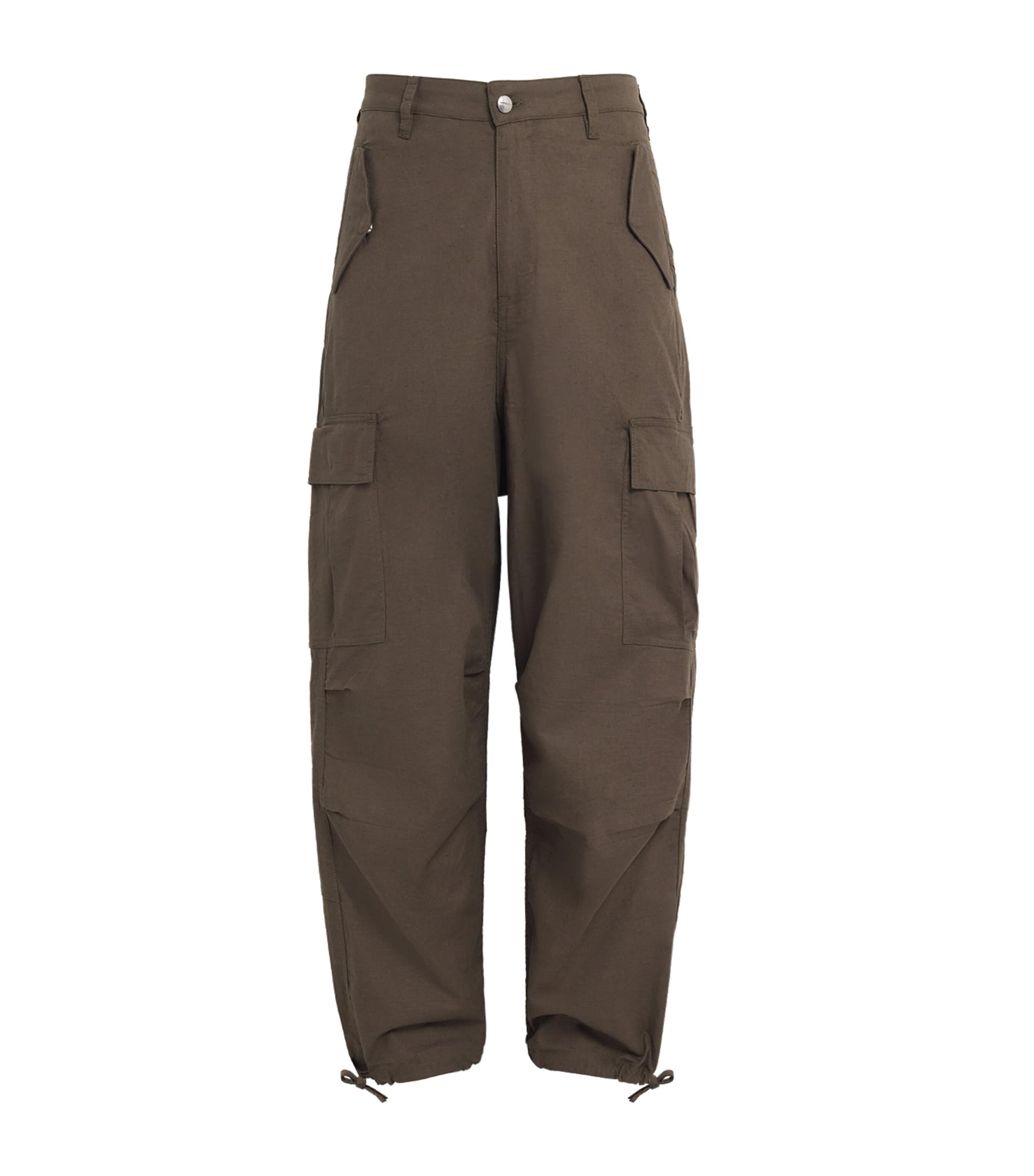 Rhude Mens Cotton-Linen Parachute Cargo Trousers Olive Green Image 1