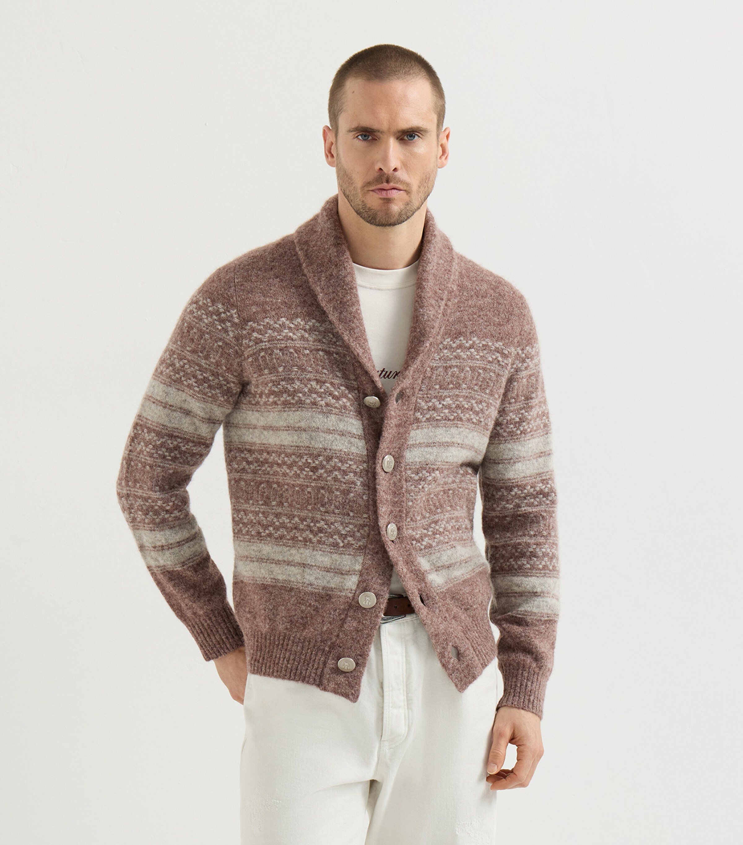 Brunello Cucinelli Mens Jacquard Shawl-Collar Cardigan Black+grey Image 4