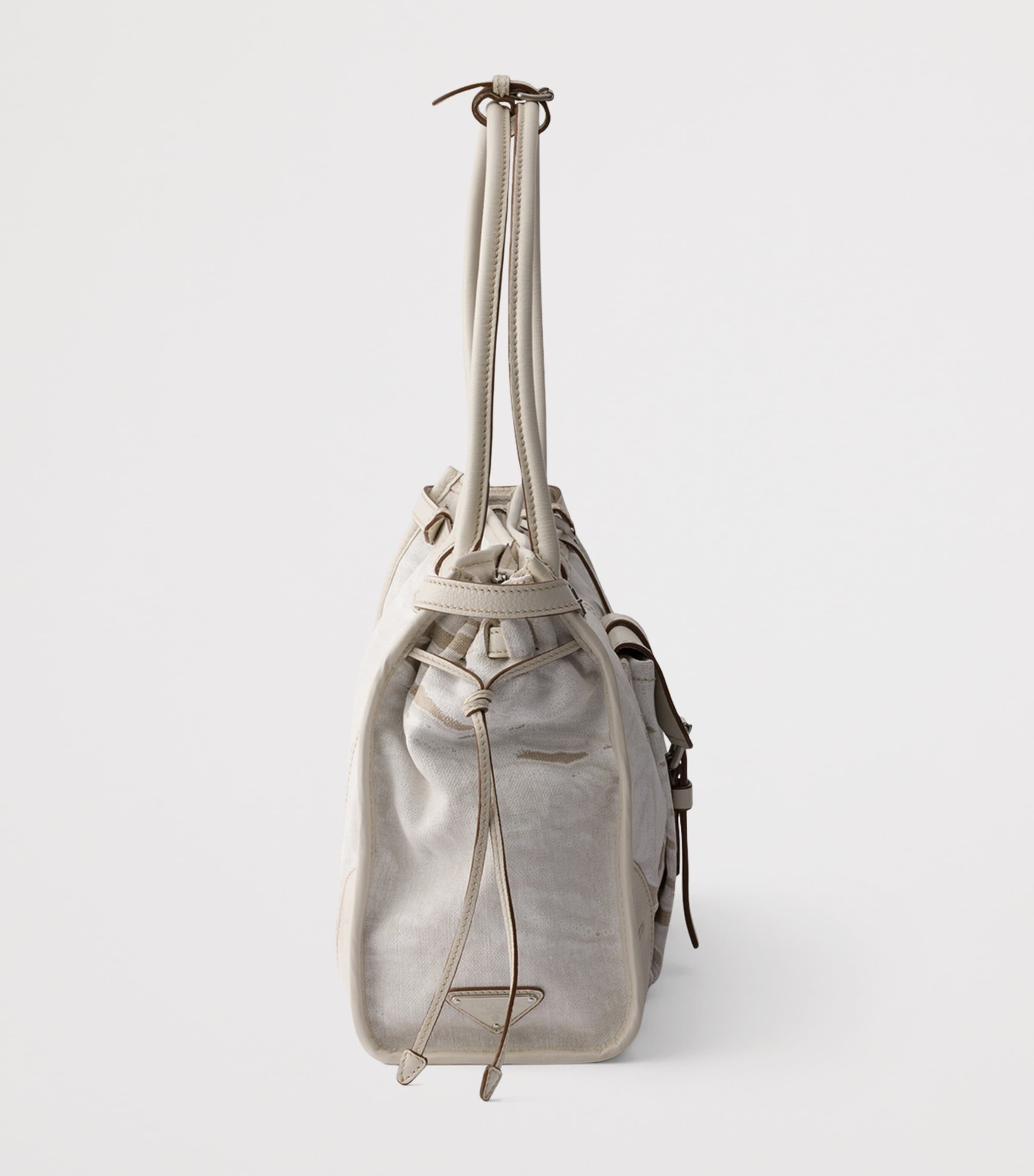 Prada Womens Large Leather and Printed Linen Bonnie Top-Handle Bag White Image 5