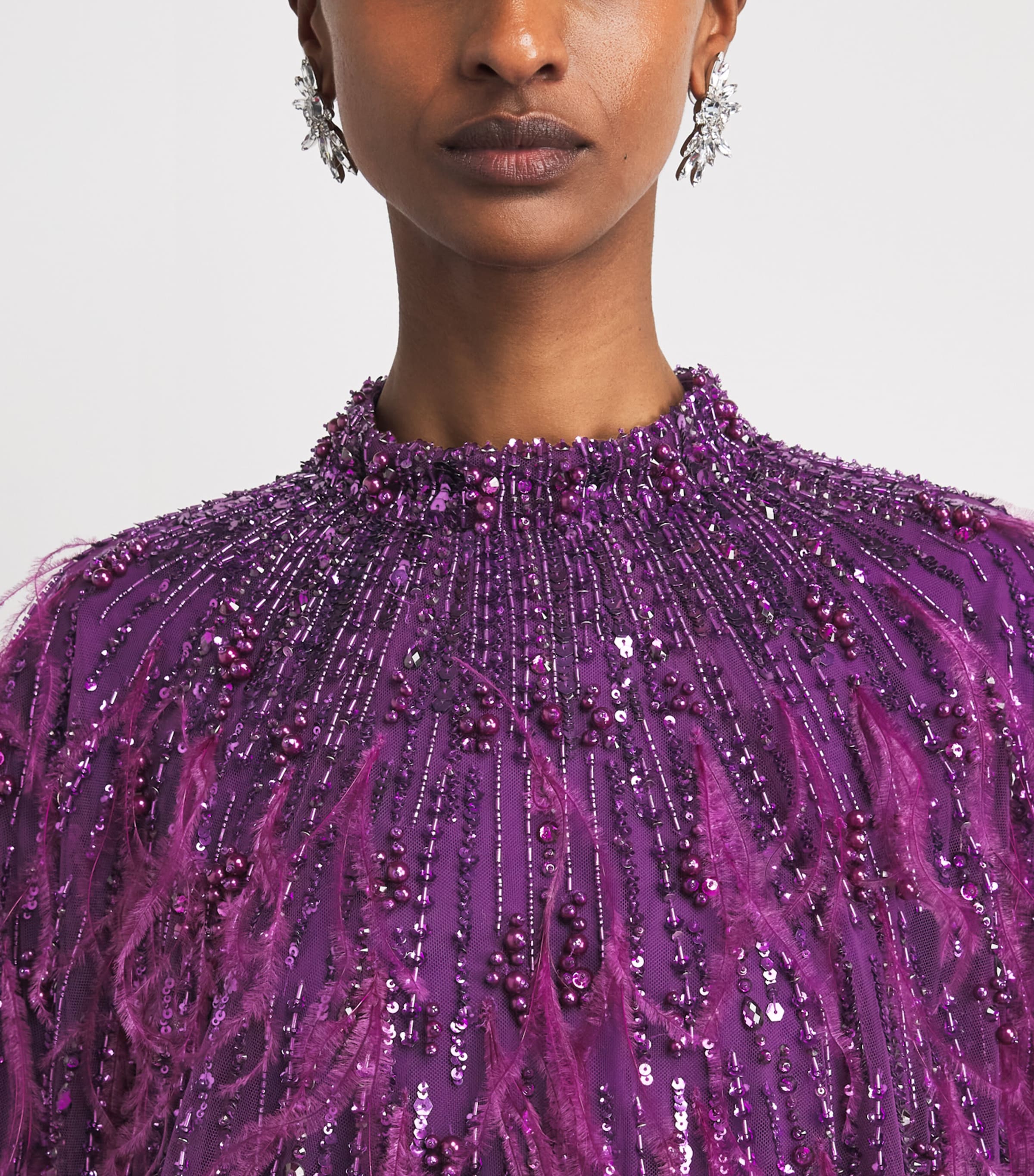 Pamella Roland Womens Tulle Embellished Feather-Trim Gown Amethyst Image 3