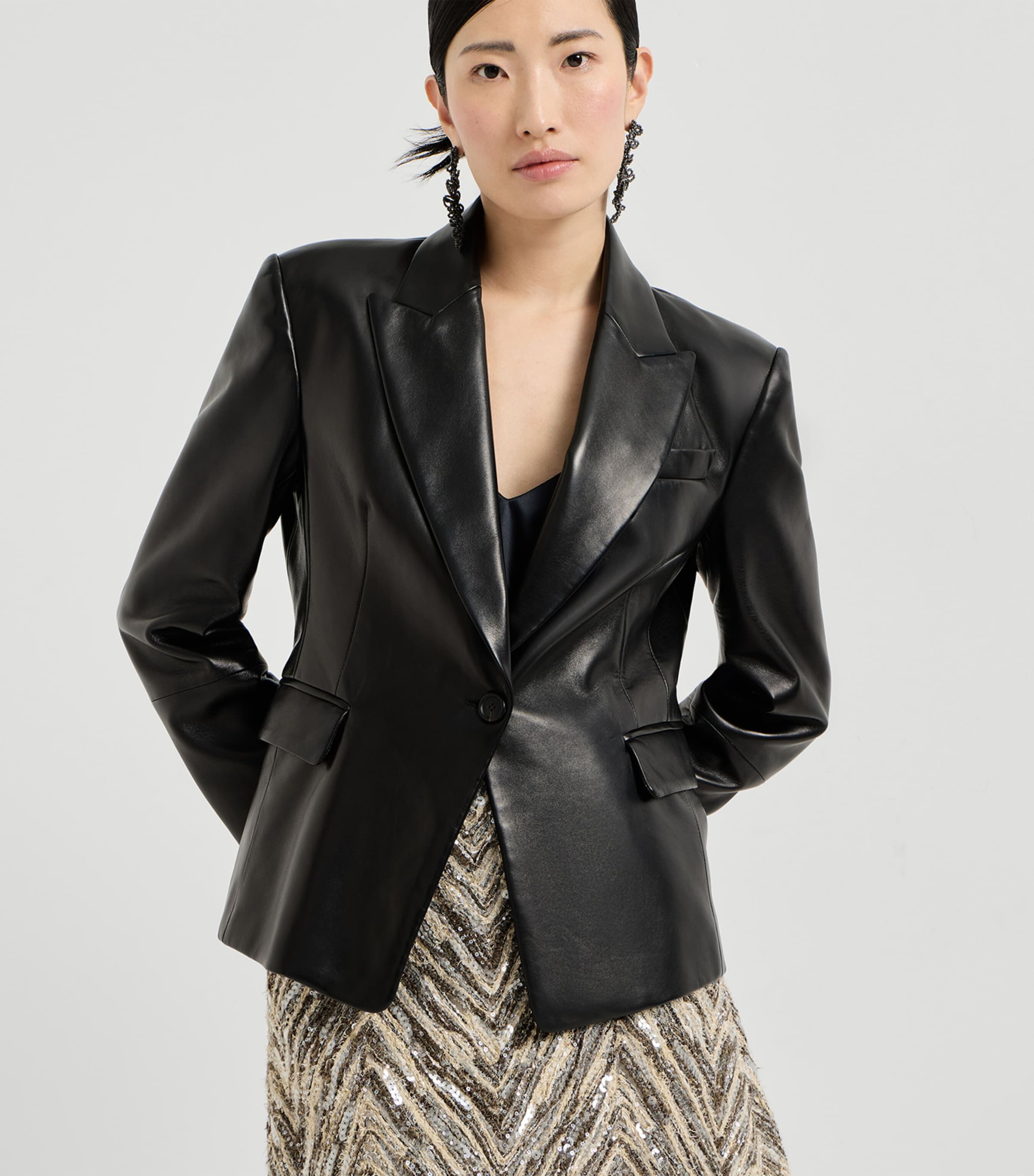 Brunello Cucinelli Womens Nappa Leather Monili Single-Breasted Blazer Image 3