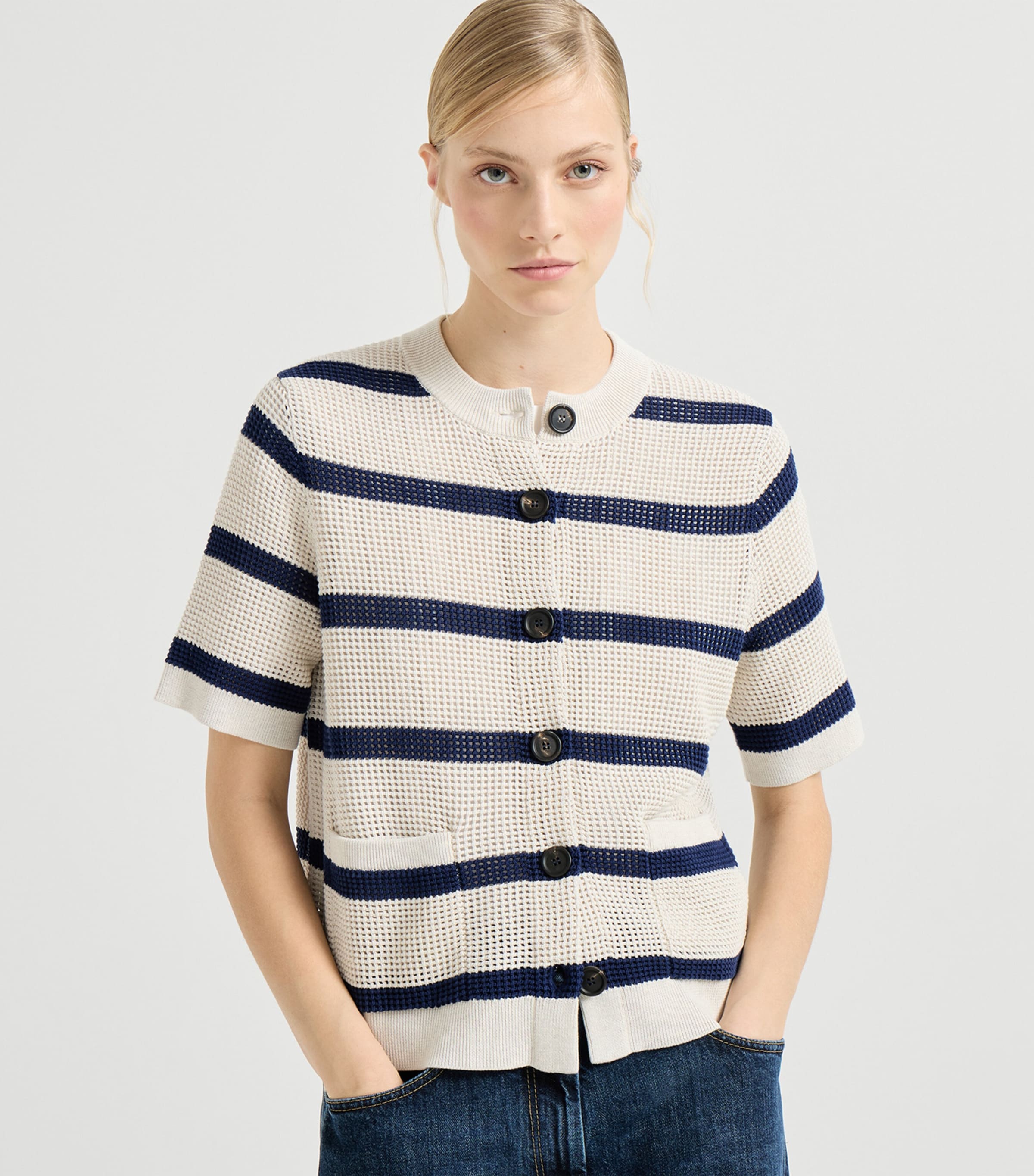 Cotton Stripe Short-Sleeve Cardigan CYF11 Image 3