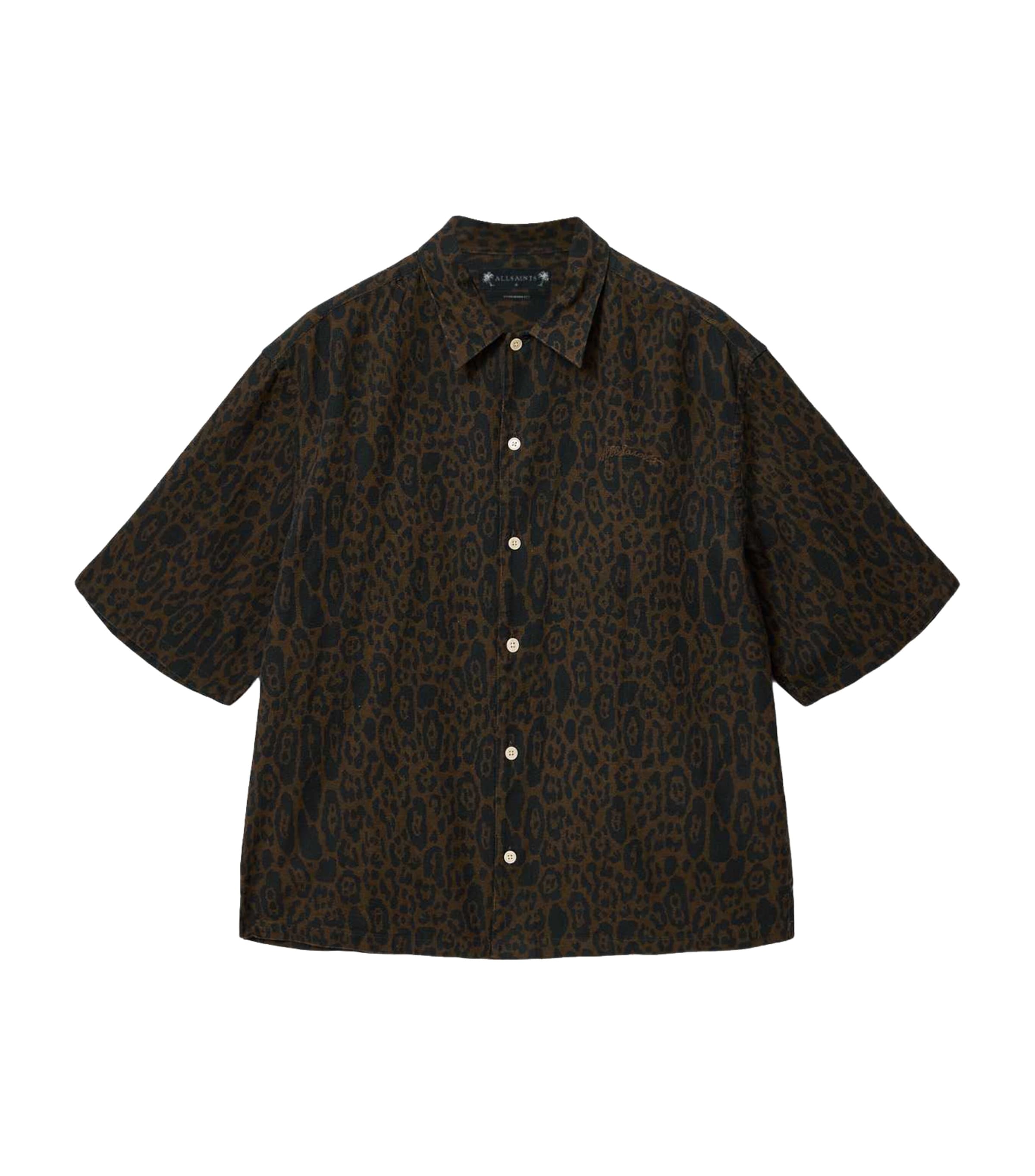AllSaints Mens Organic Cotton-Linen Leopardo Shirt Hot Choc Brown Image 1