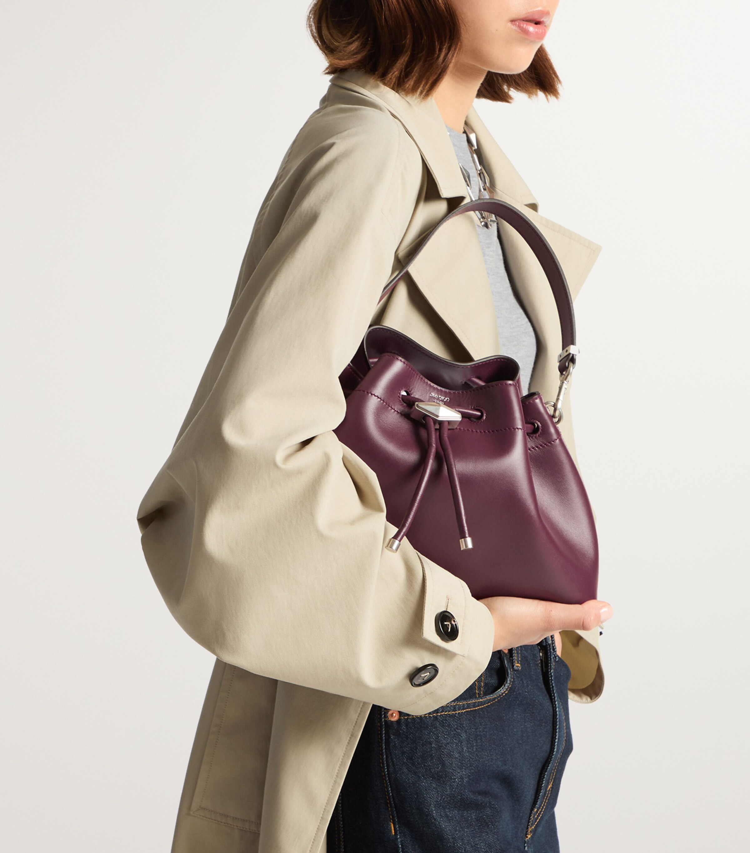 Medium Leather Cinch Bucket Bag GARNET/ANTIQUE SILVE Image 6