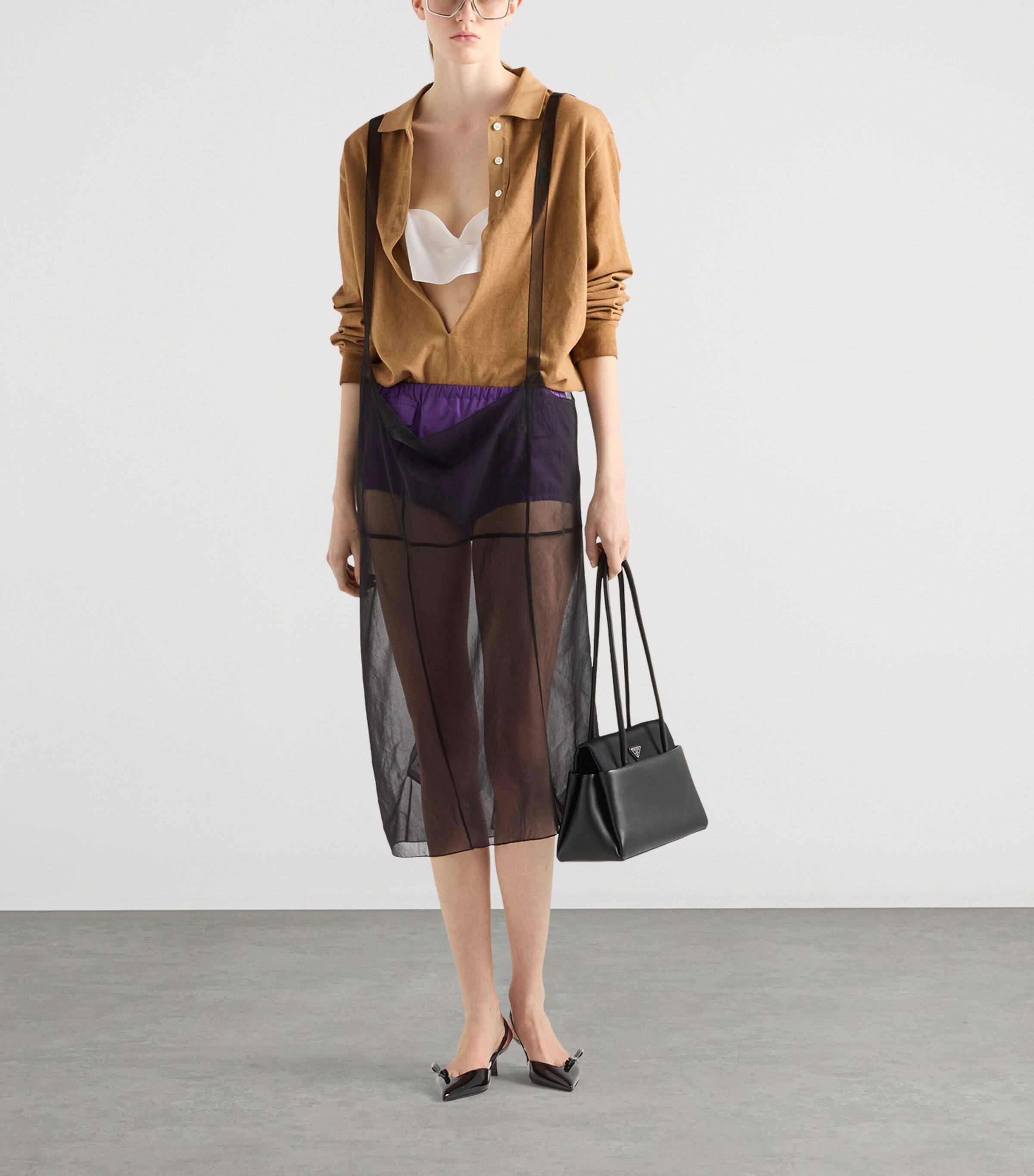 Prada Womens Cotton Piqué Plunge-Neck Polo Shirt Neutral Image 2