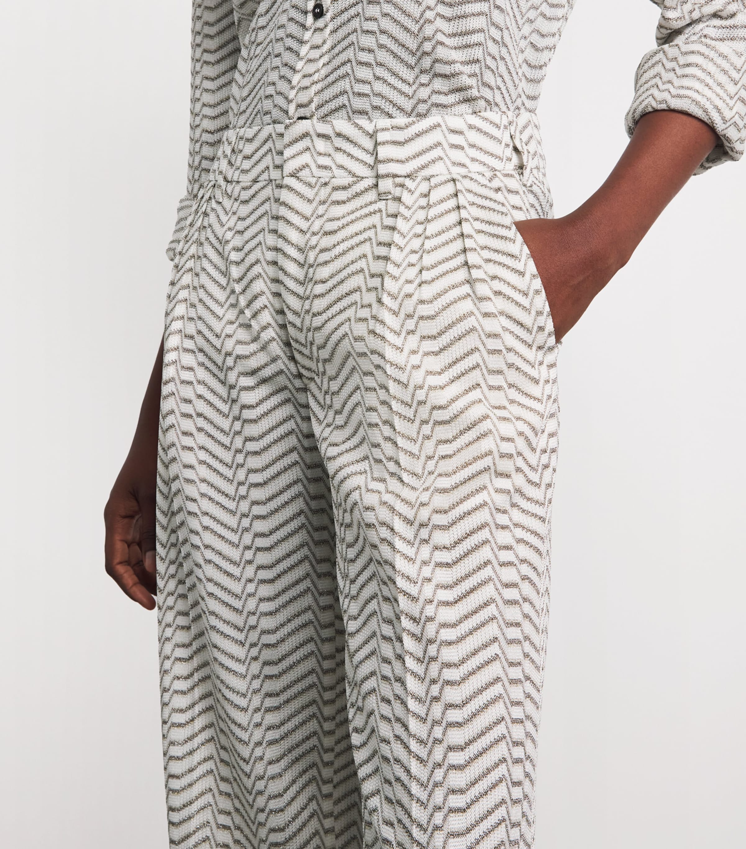 Missoni Womens Chevron Pleated Wide-Leg Trousers White And Gold Image 3