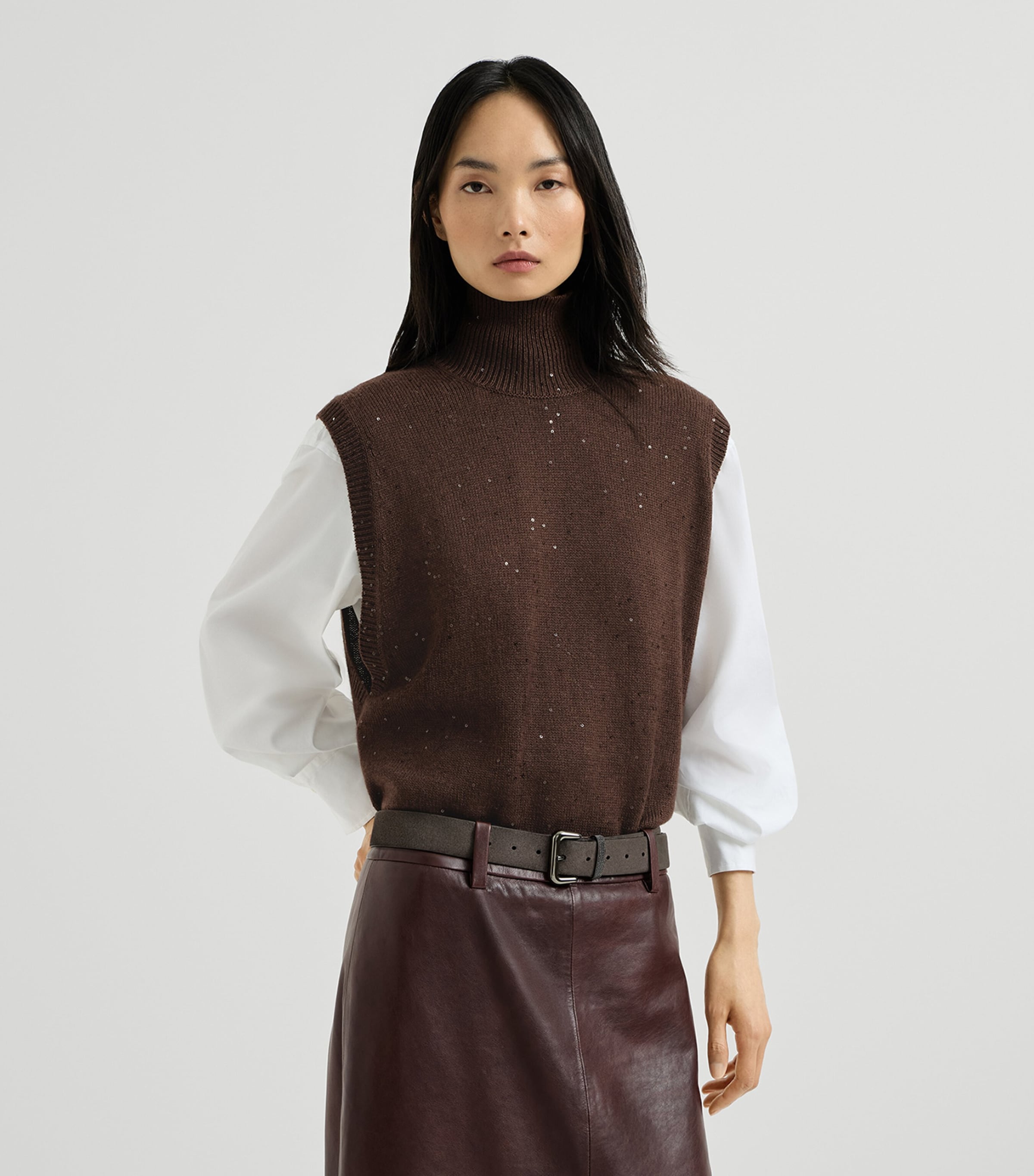 Brunello Cucinelli Womens Cashmere-Silk Embellished Sweater Vest Dark Brown Image 2