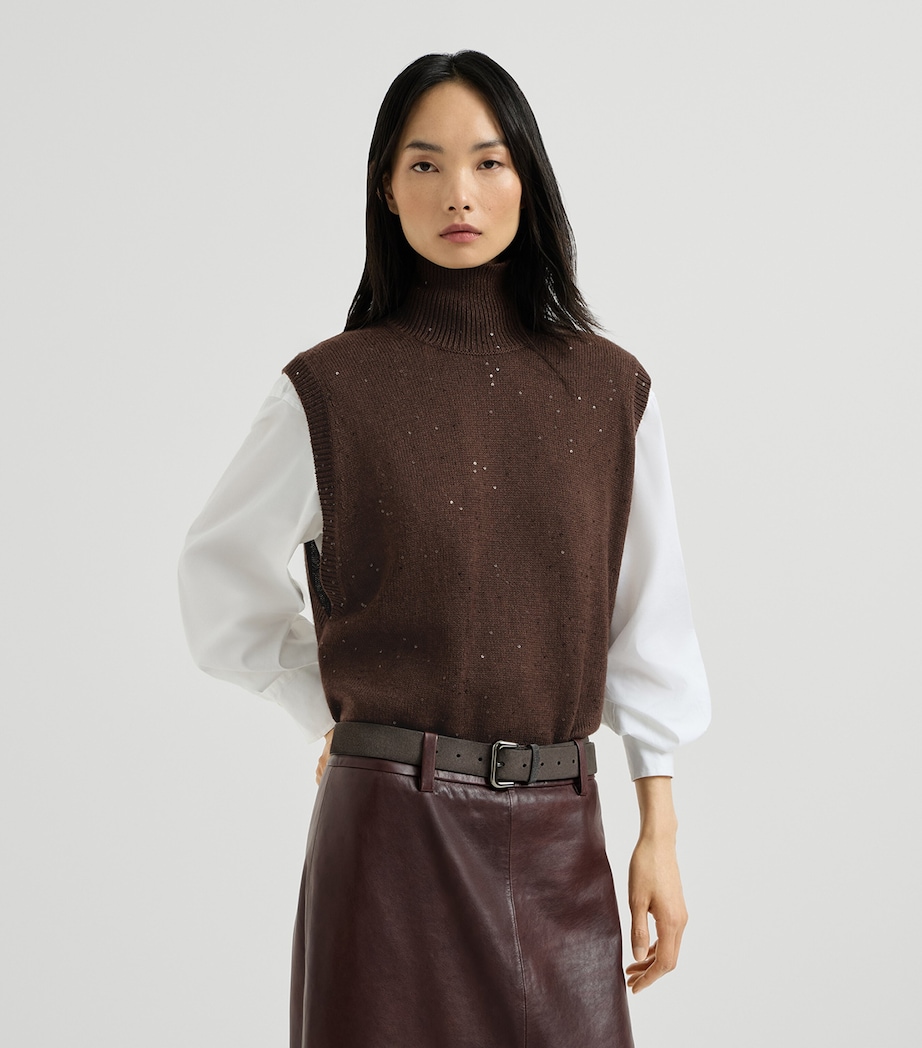 Brunello Cucinelli Womens Cashmere-Silk Embellished Sweater Vest Dark Brown Image 2