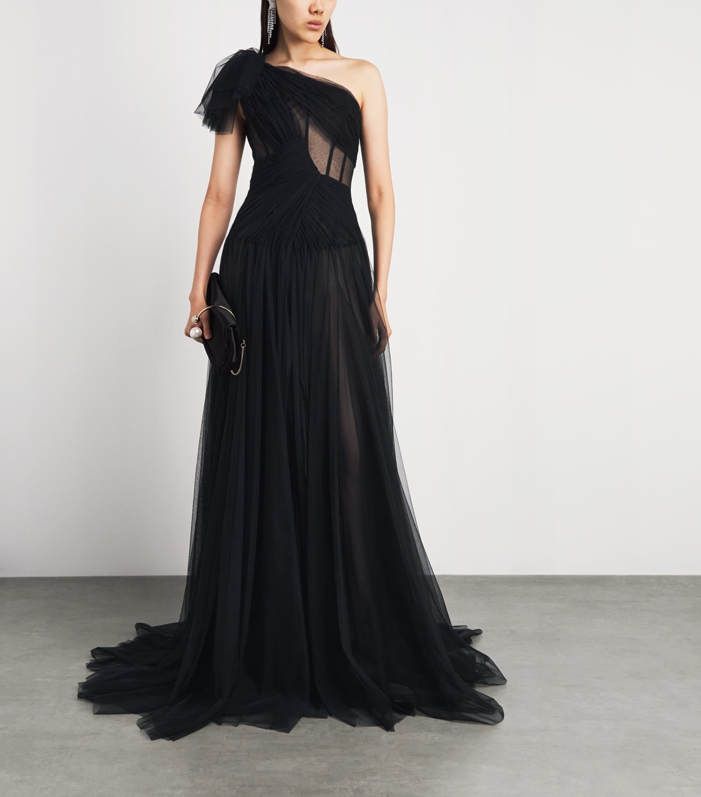 Sandra Mansour Womens Tulle One-Shoulder Gown Black Image 2