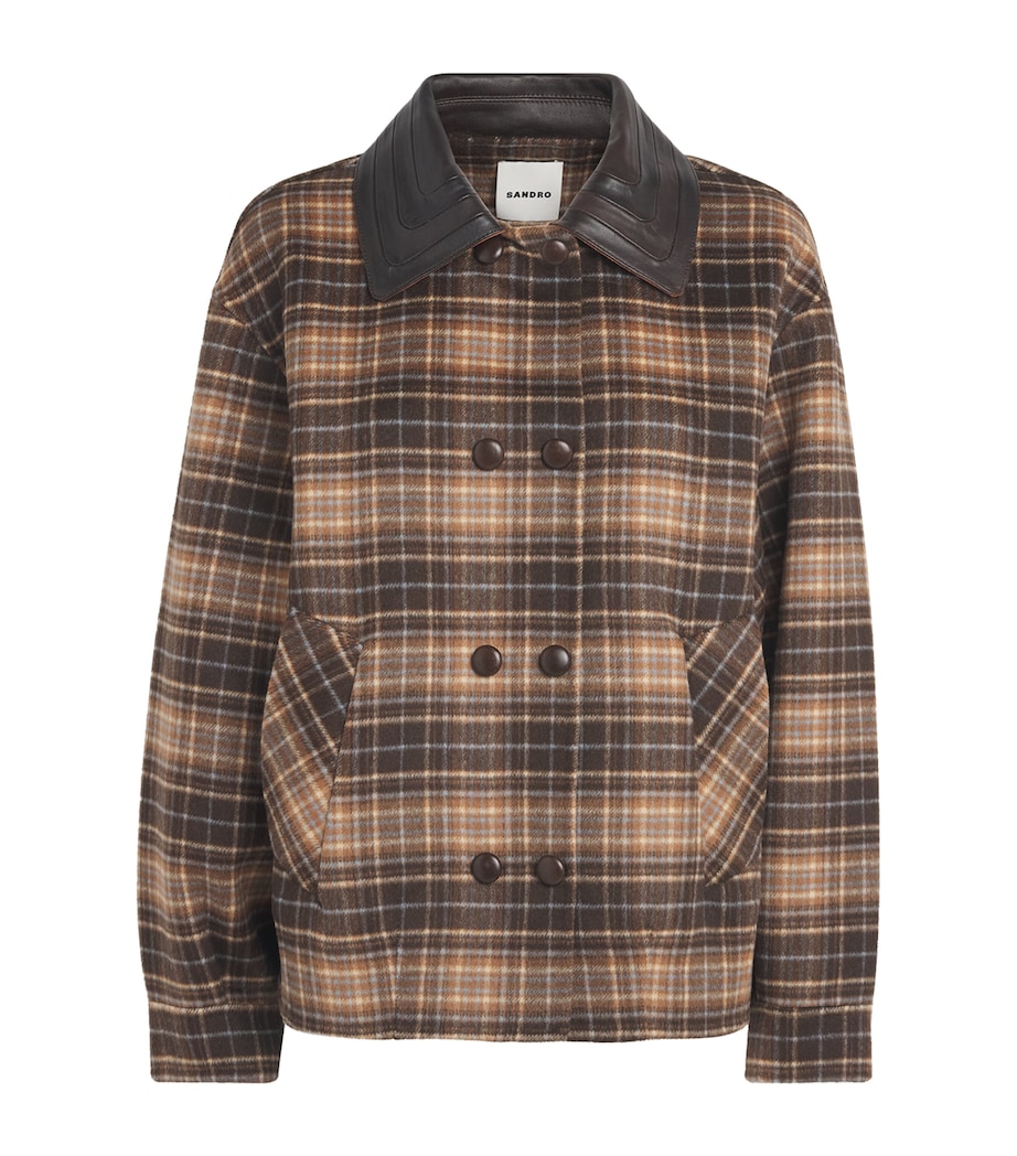 Sandro Paris Womens Wool-Blend Oversized Check Coat Brown Image 1