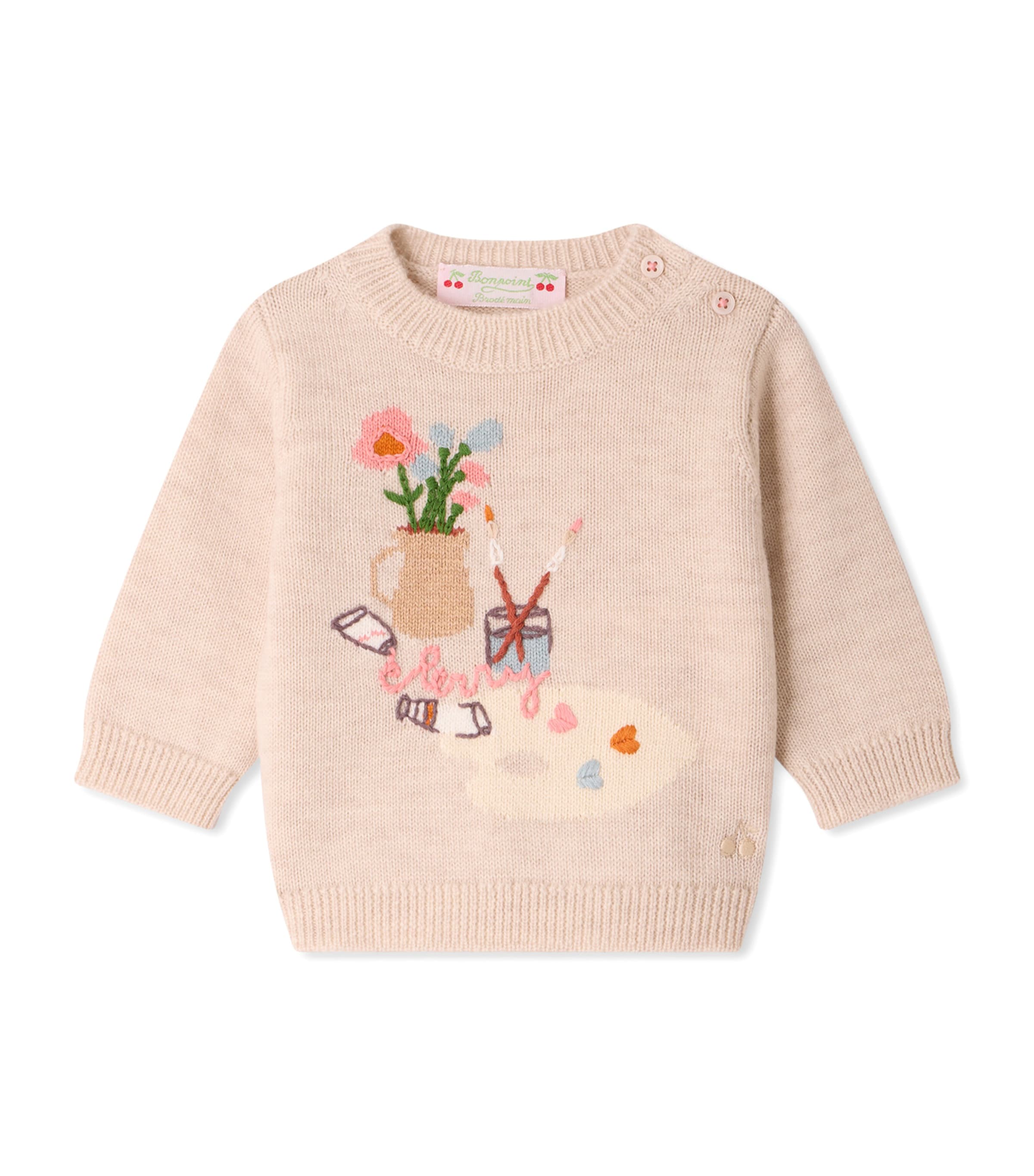 Bonpoint Kids'  Wool-cotton Embroidered Sweater In Beige