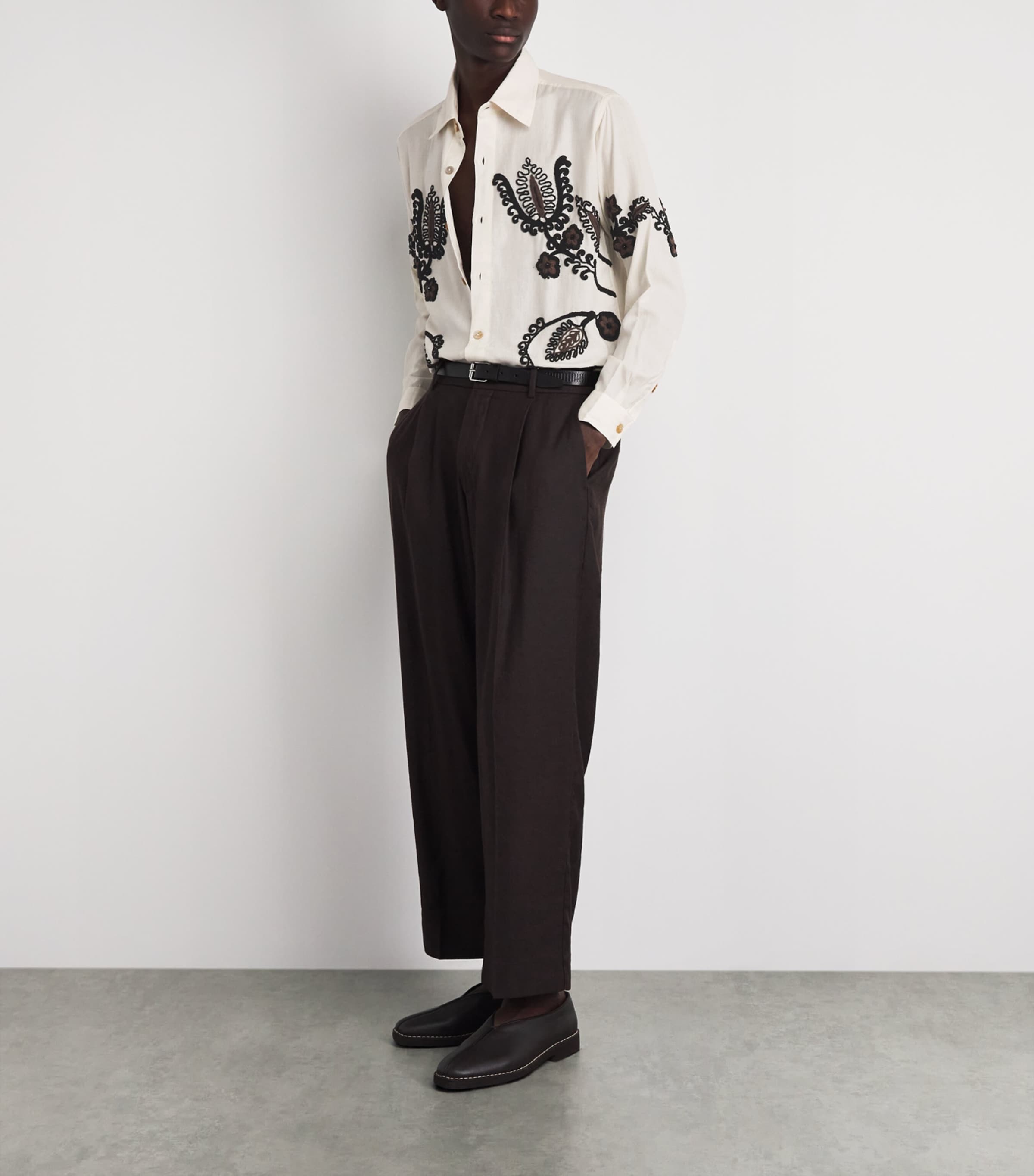 Kartik Research Mens Cotton Embroidered Floral Shirt Ecru/ Black/ Brown Image 2