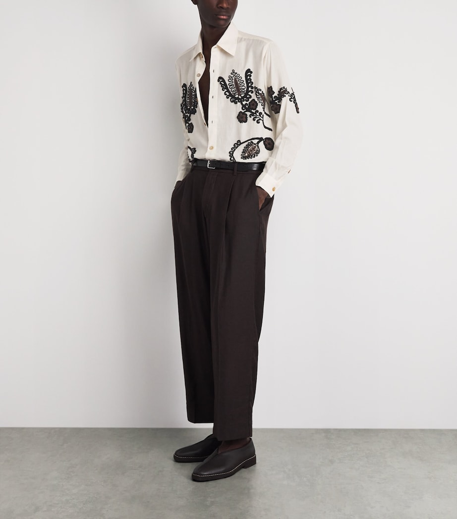 Kartik Research Mens Cotton Embroidered Floral Shirt Ecru/ Black/ Brown Image 2