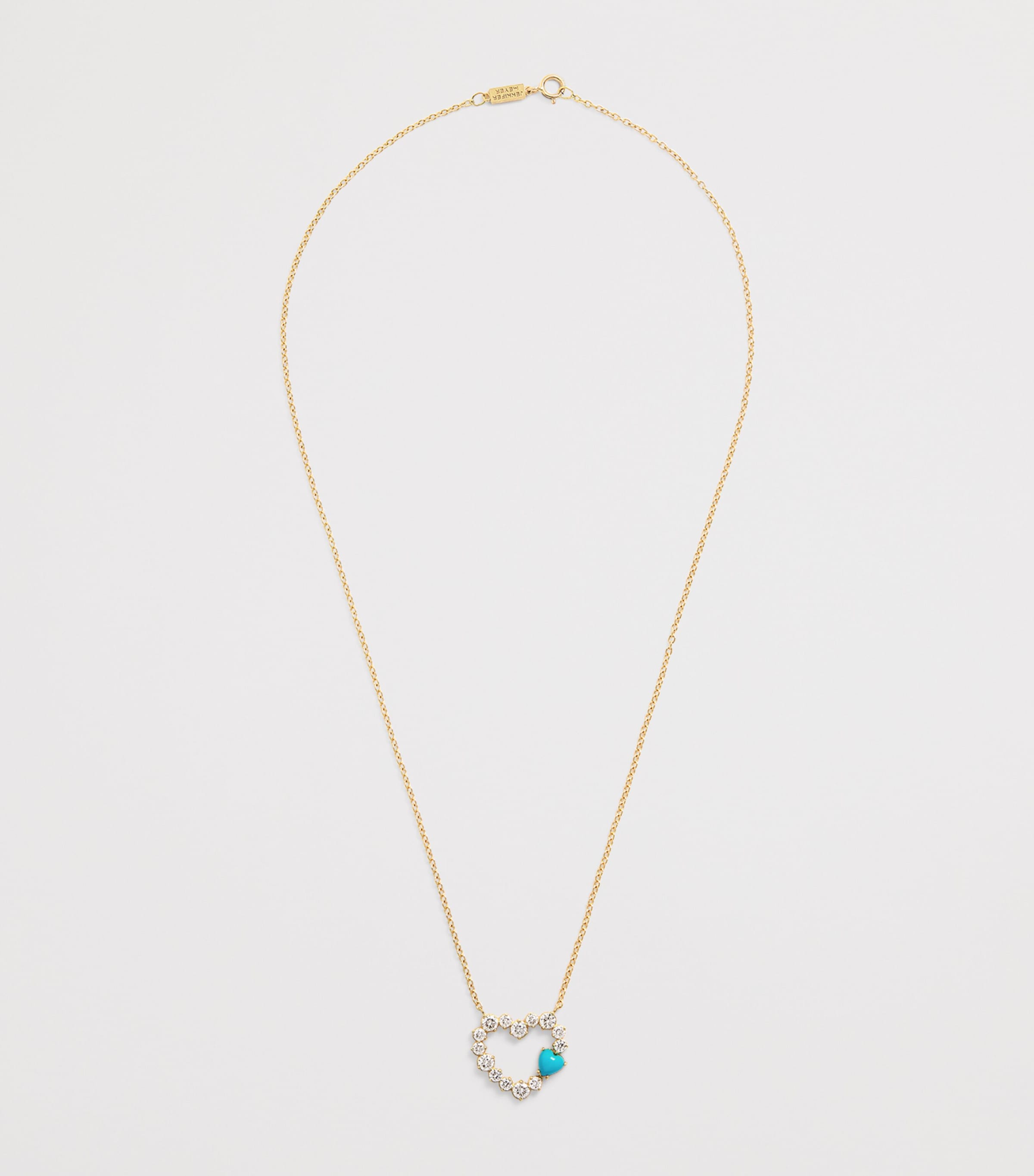 Yellow Gold, Diamond and Turquoise Open Heart Necklace YELLOW GOLD Image 3