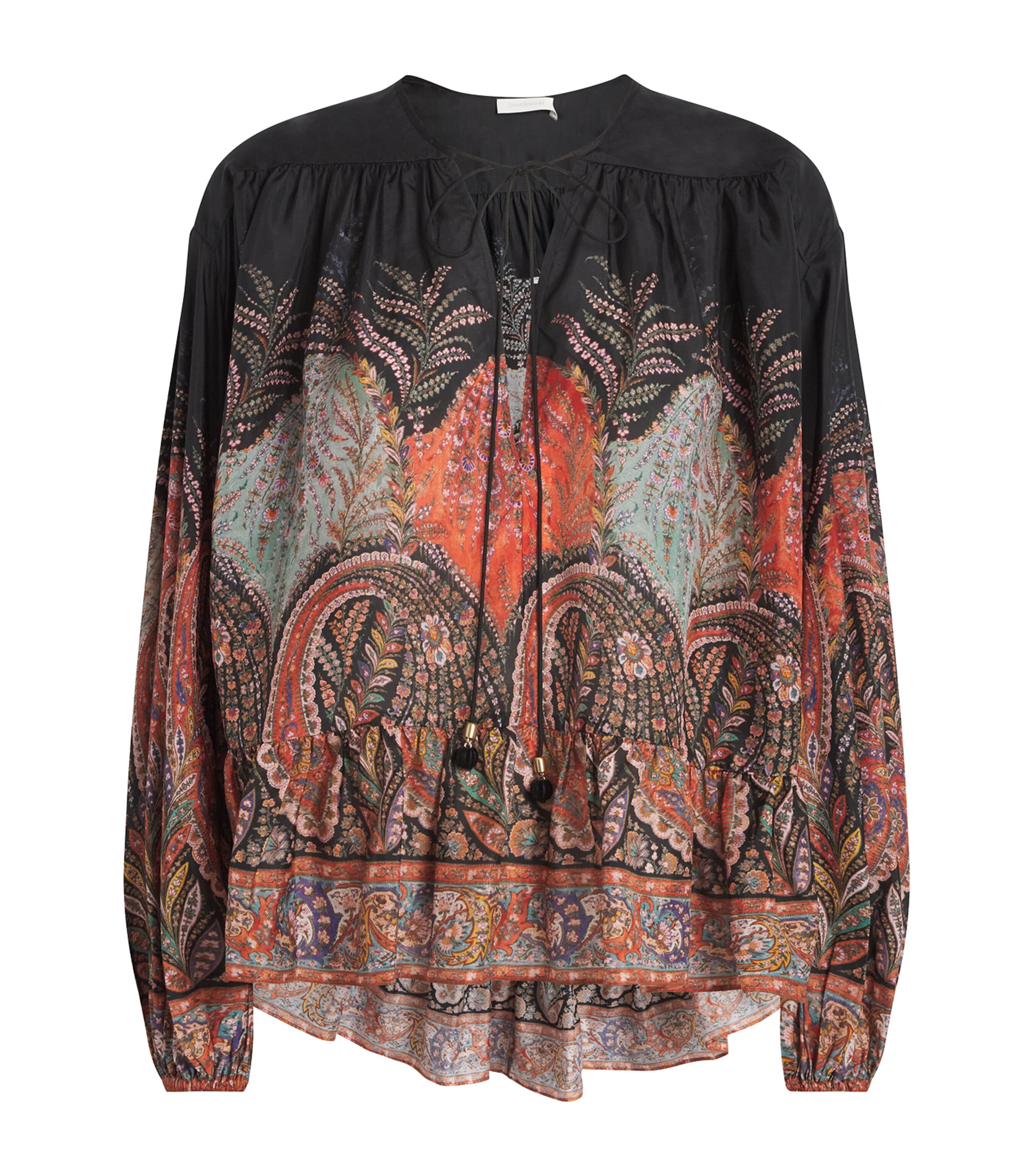 Zimmermann Rhiannon Ruffled Paisley-print Organic Silk Blouse In Black