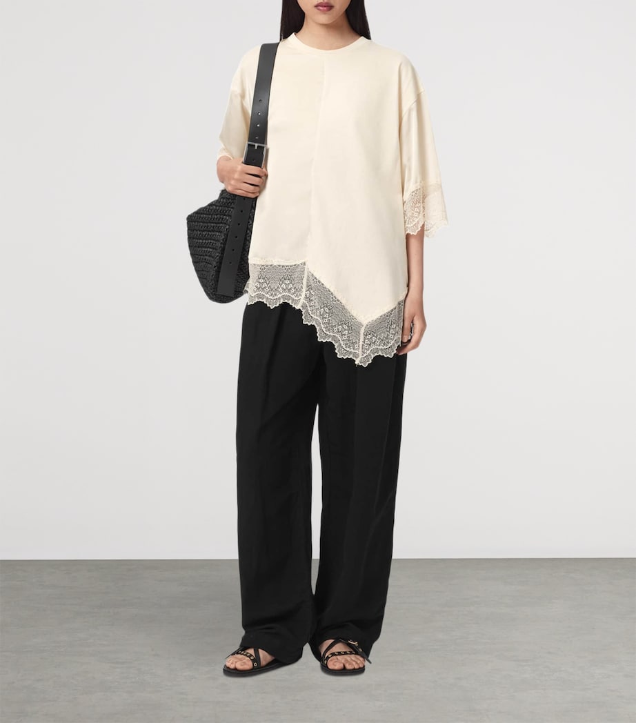 AllSaints Womens Cotton Lace-Trim Lenny T-Shirt Champagne White Image 5