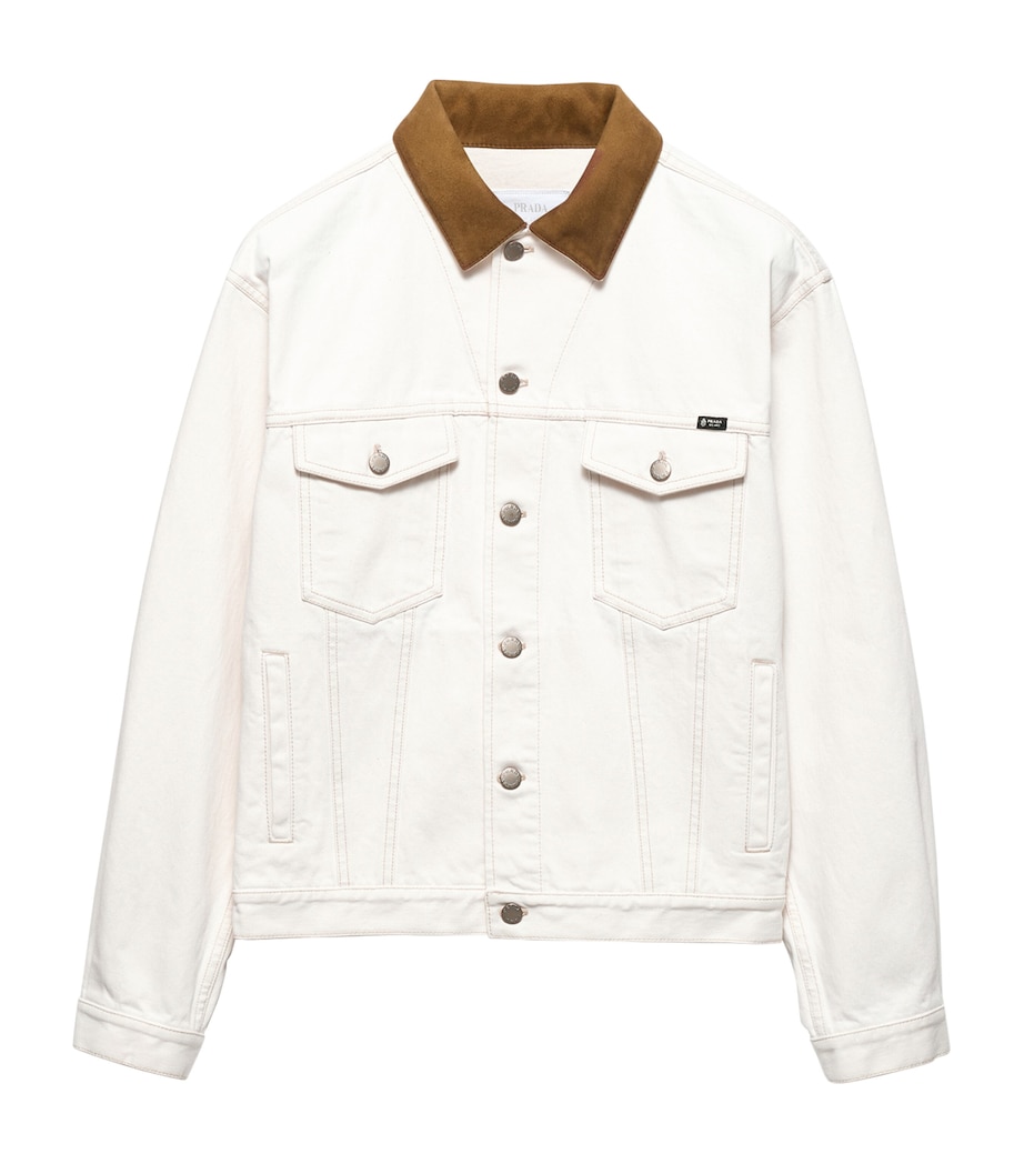 Prada Mens Leather-Collar Denim Jacket White Image 1