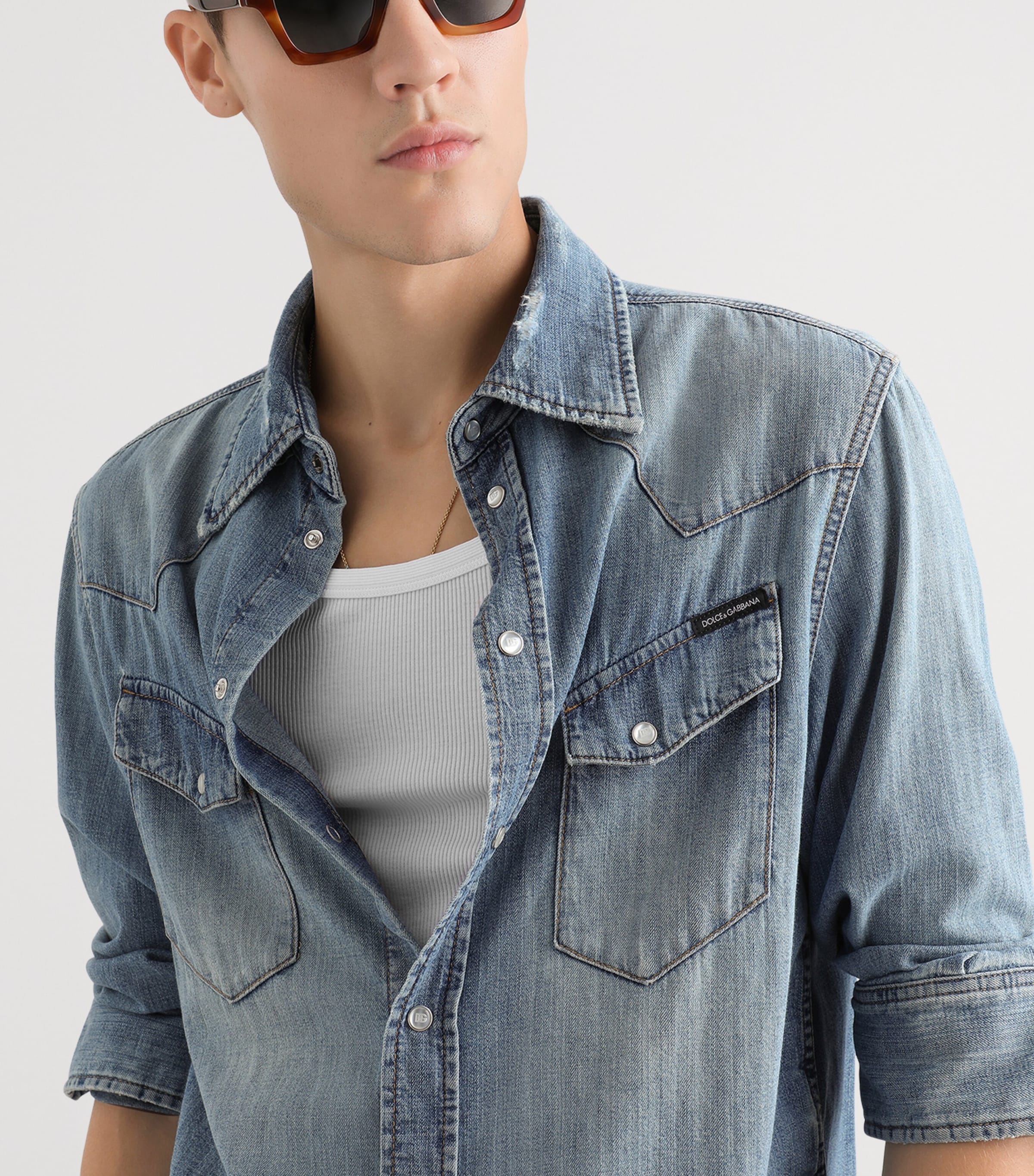 Dolce&Gabbana Mens Distressed Denim Shirt Combined Colo Image 4