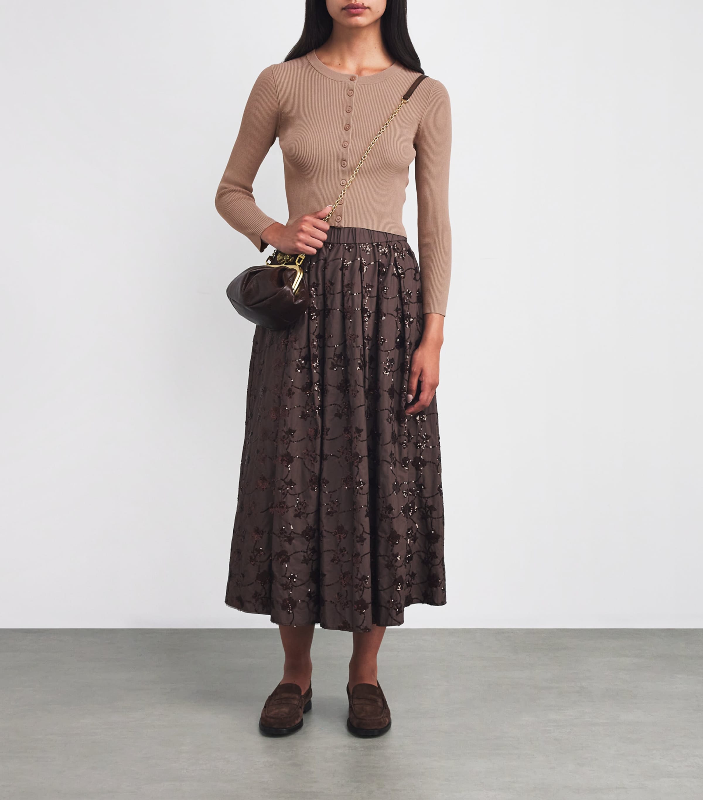 Rib-Knit Cropped Cardigan MARRON GLACE' Image 2