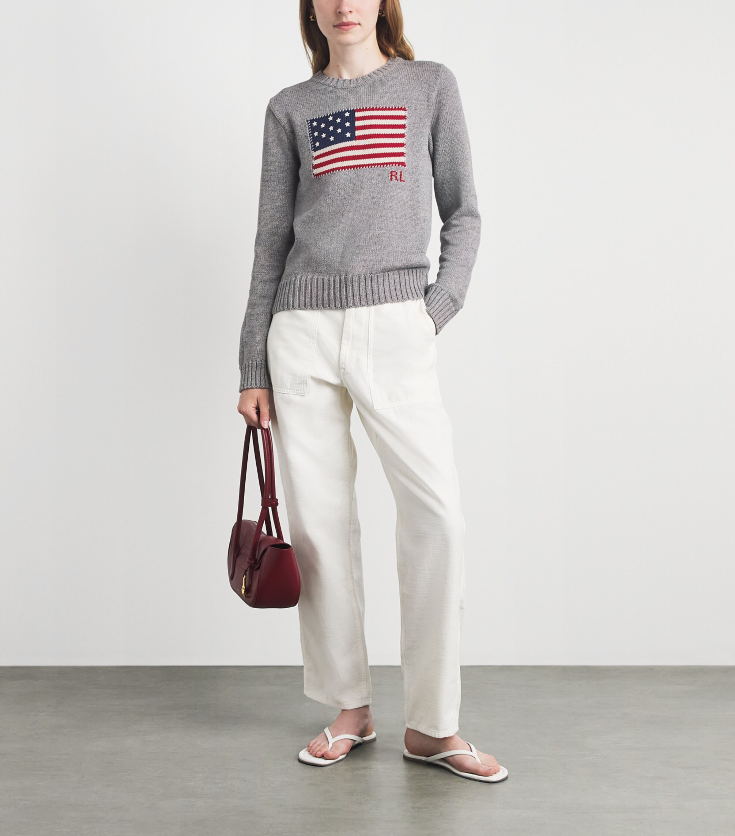 Polo Ralph Lauren Womens Cotton American Flag Sweater Drift Grey Melange Image 2
