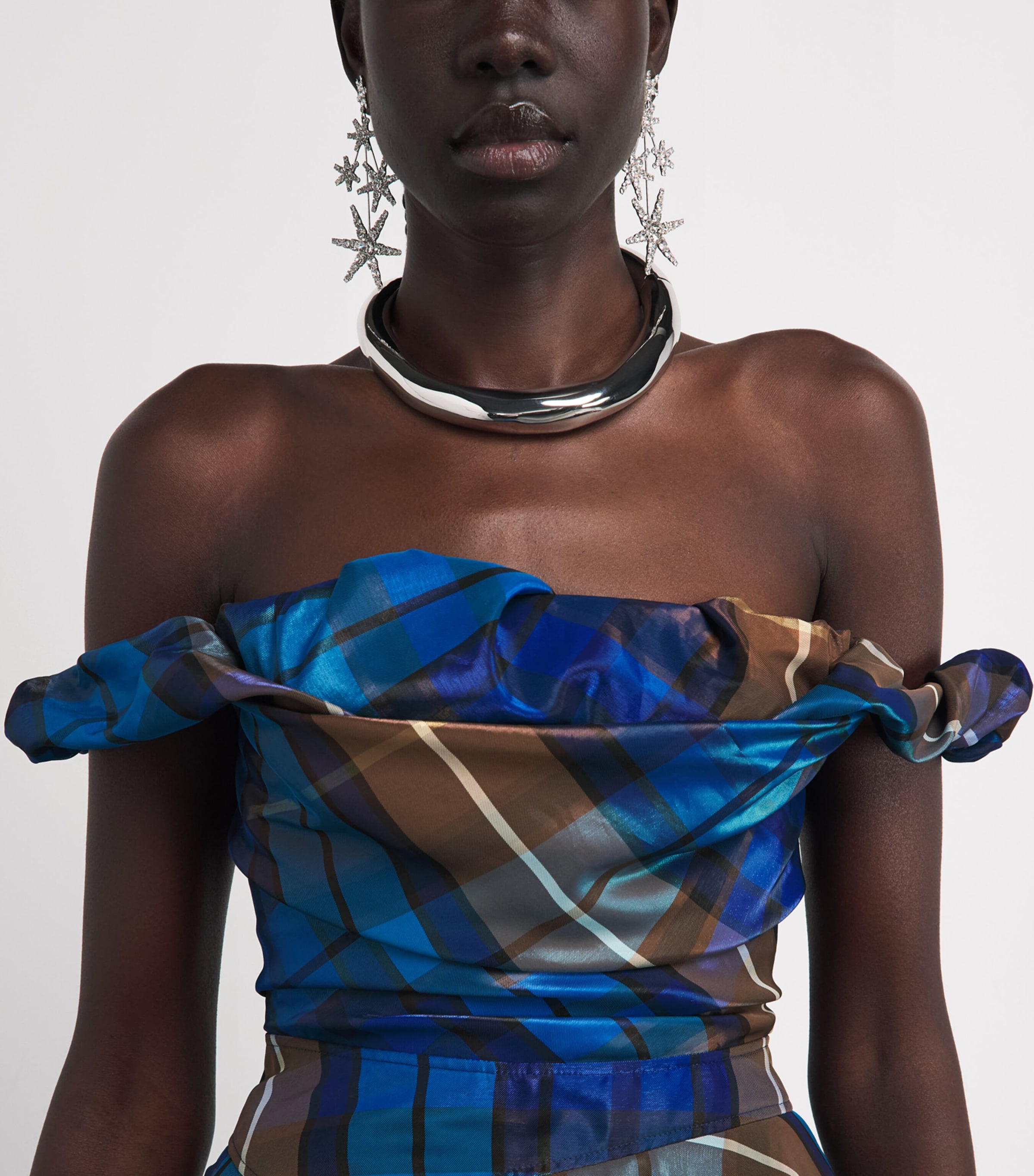 Vivienne Westwood Womens Tartan Off-The-Shoulder Chichi Gown Shny Blue/brown Image 3