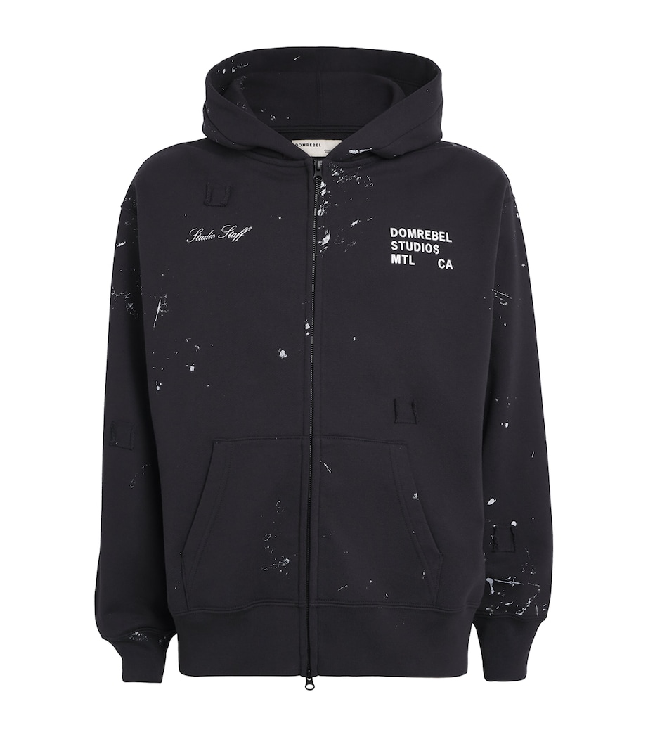 DOMREBEL Mens Cotton Paint-Splatter Staff Zip-Up Hoodie Old Black Image 1