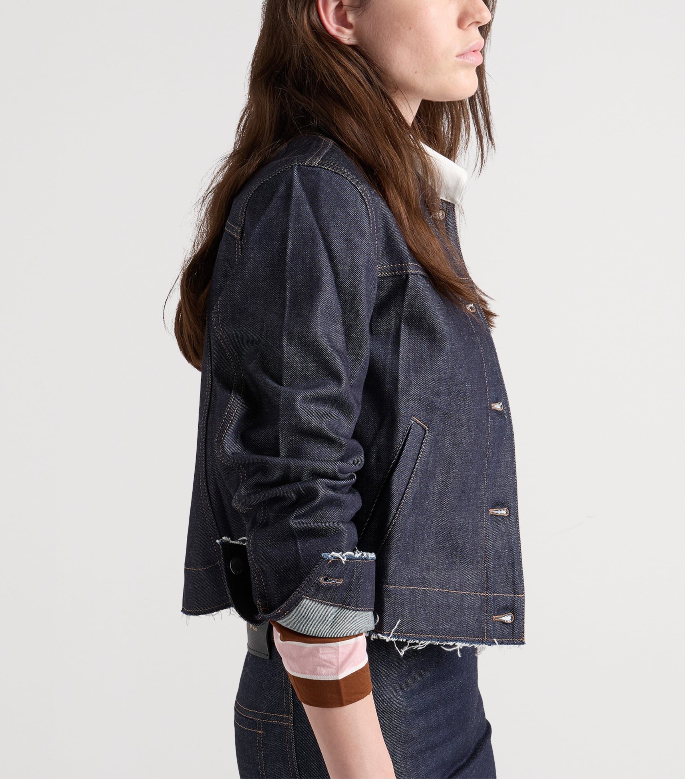 Prada Womens Raw-Hem Denim Jacket Blue Image 4