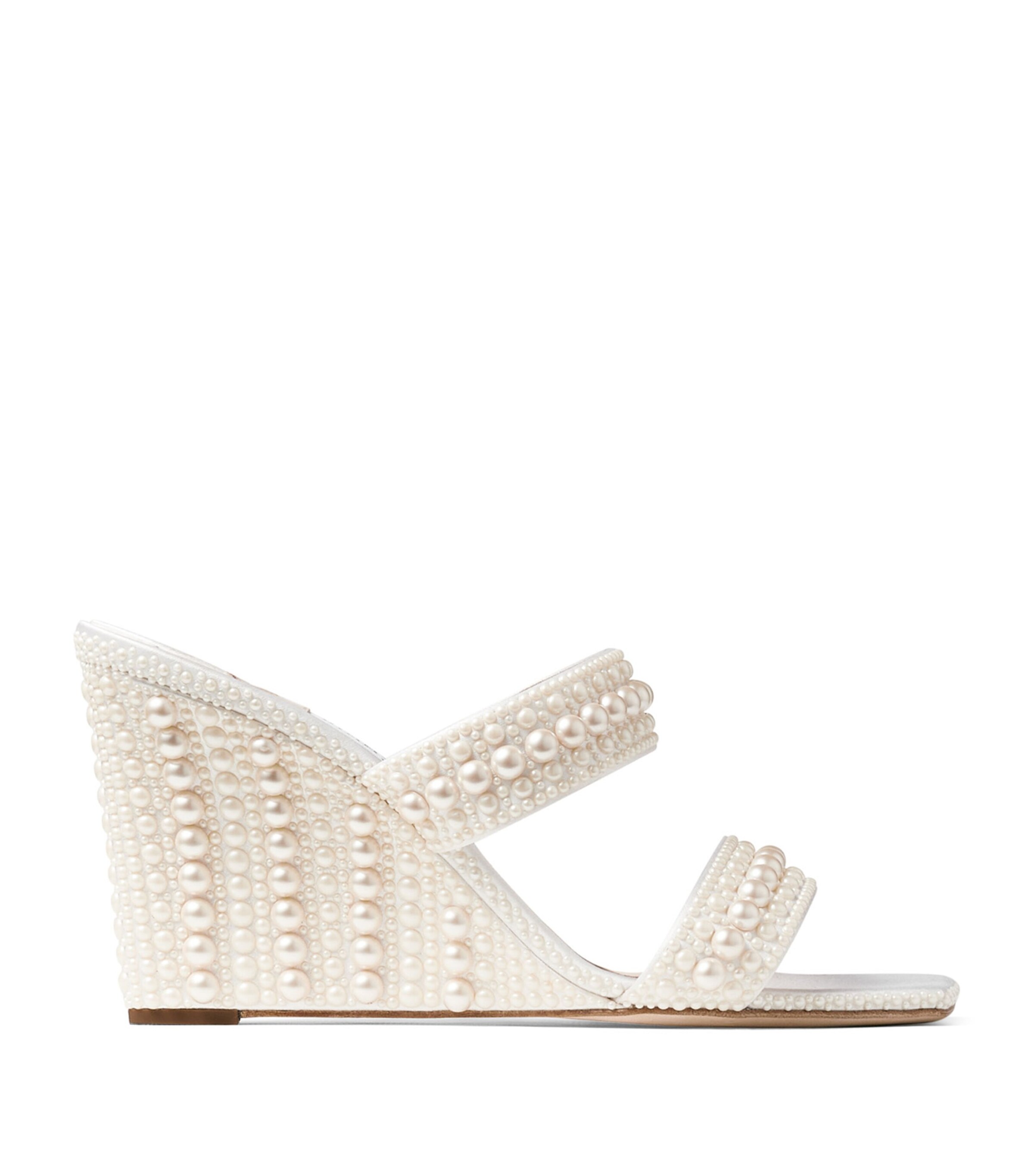 Jimmy Choo Sacoria Pearl-embellished Satin Wedge Sandals In White