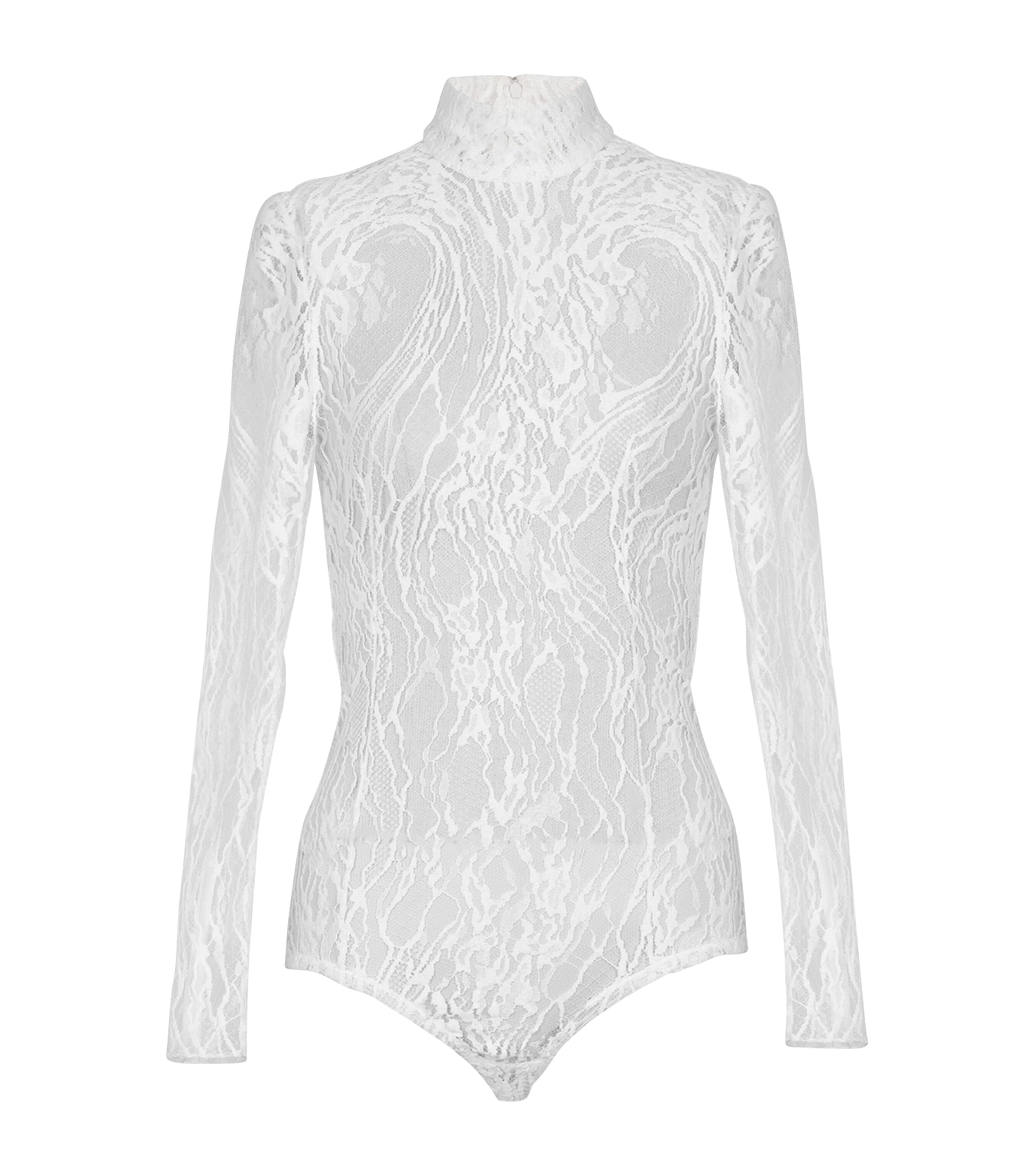 Balmain High Neck Lace Bodysuit With Long Sleeves In White