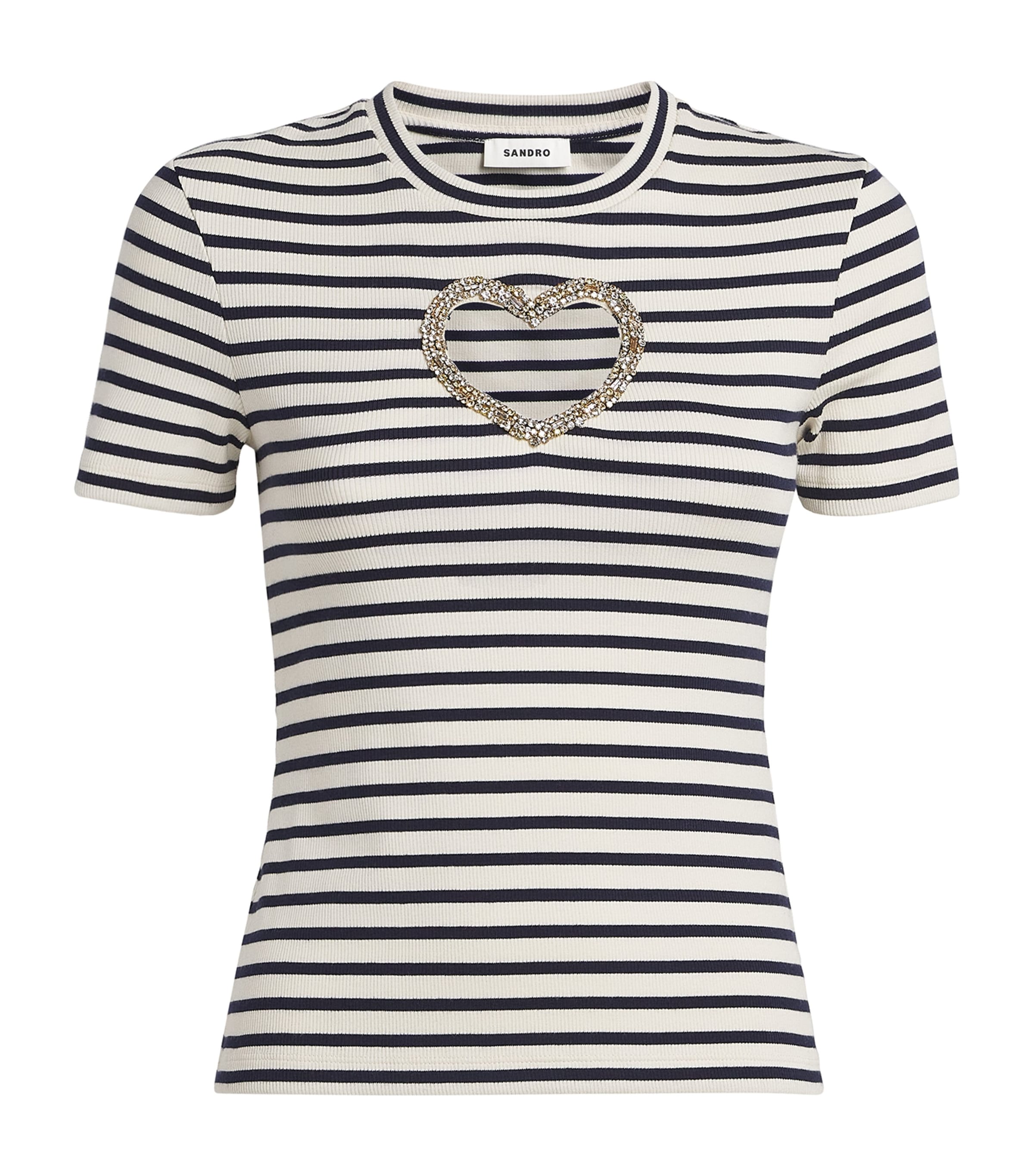 Sandro Womens Ecru Striped Embellished-heart Stretch-cotton T-shirt In Multi