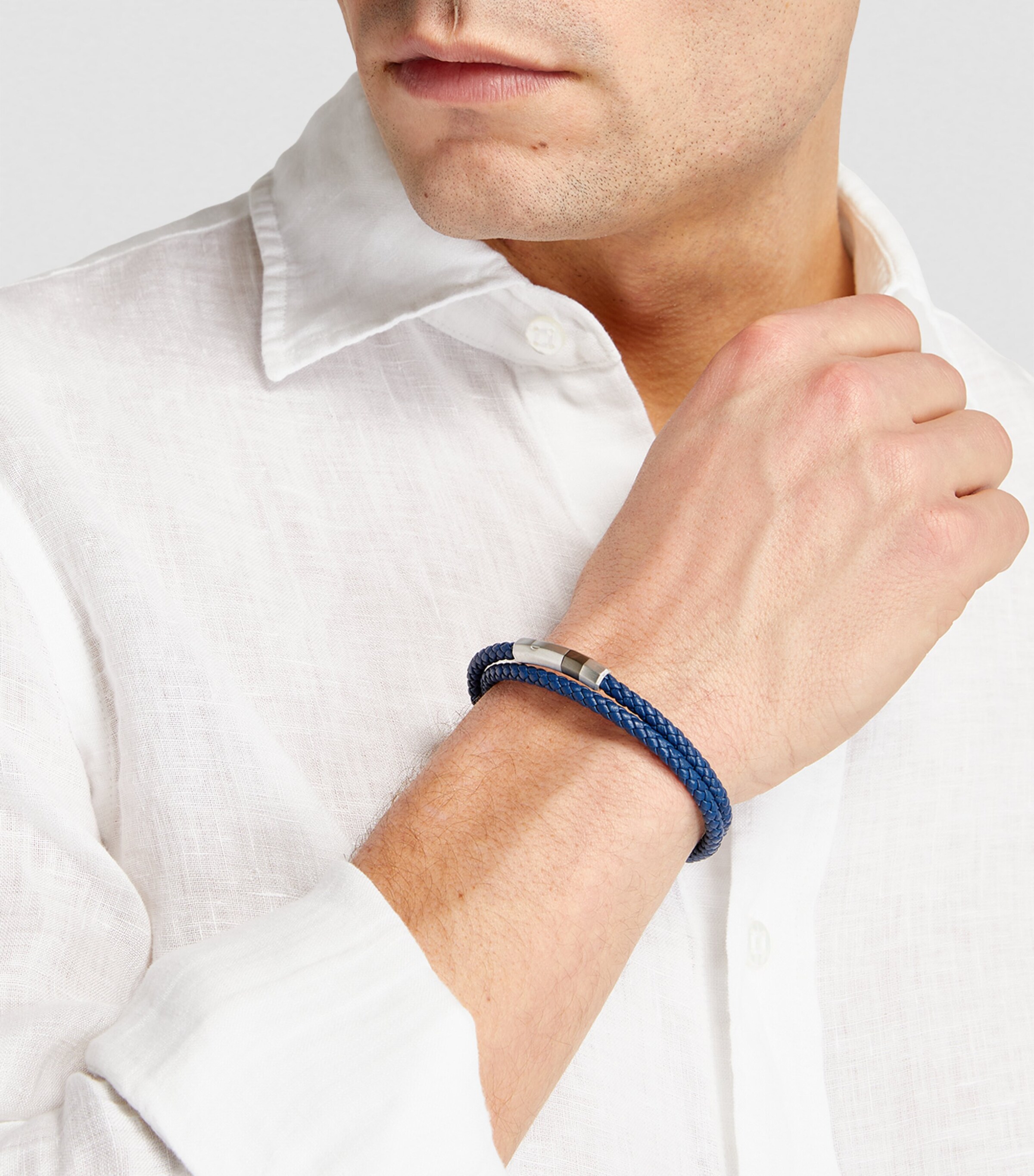 Tateossian Leather Double-Wrap Braided Bracelet Silver/ Blue Image 4