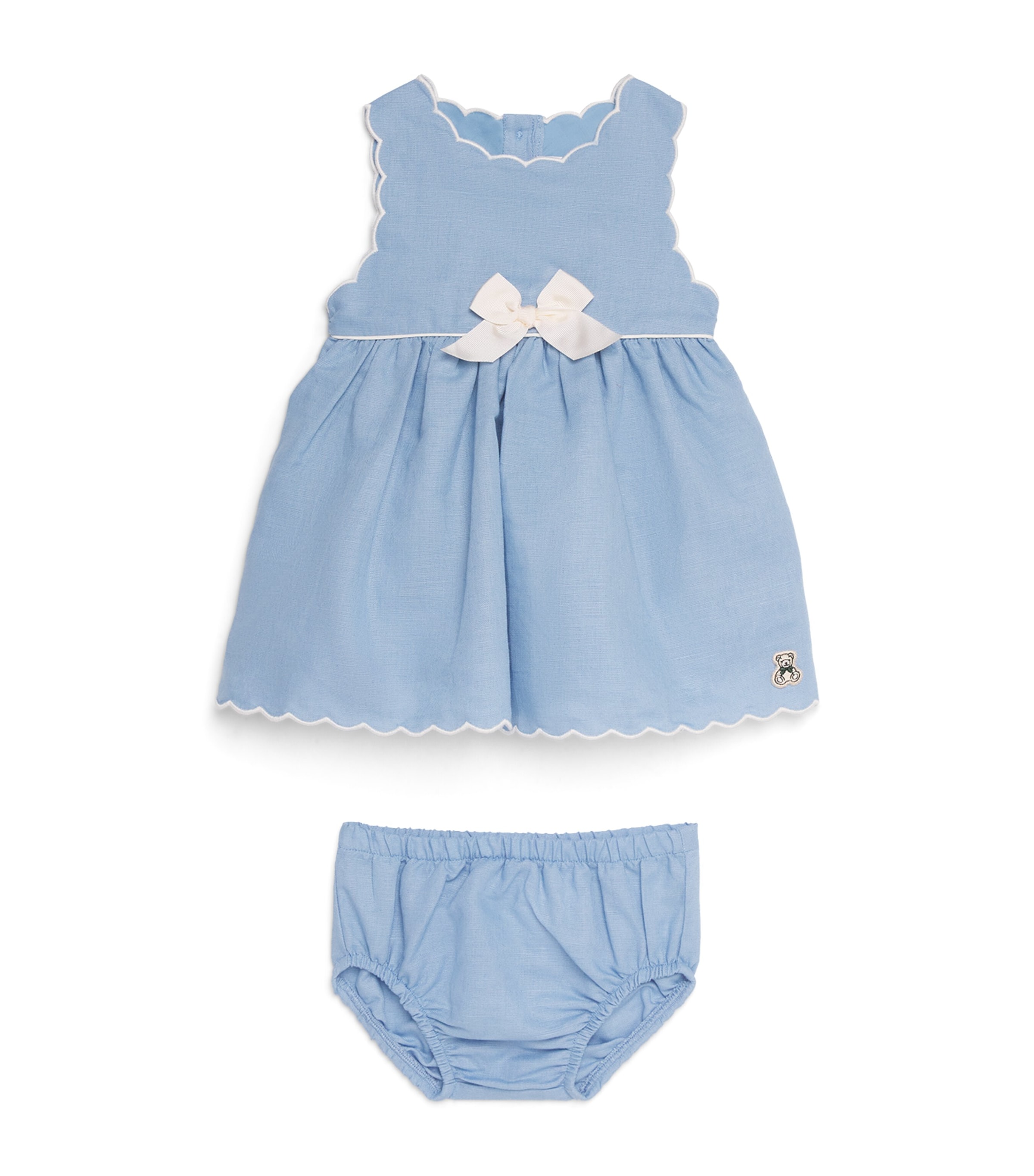 Harrods Linen-Cotton Bow-Detail Dress and Bloomers Set (0-18 Months) Blue Image 1