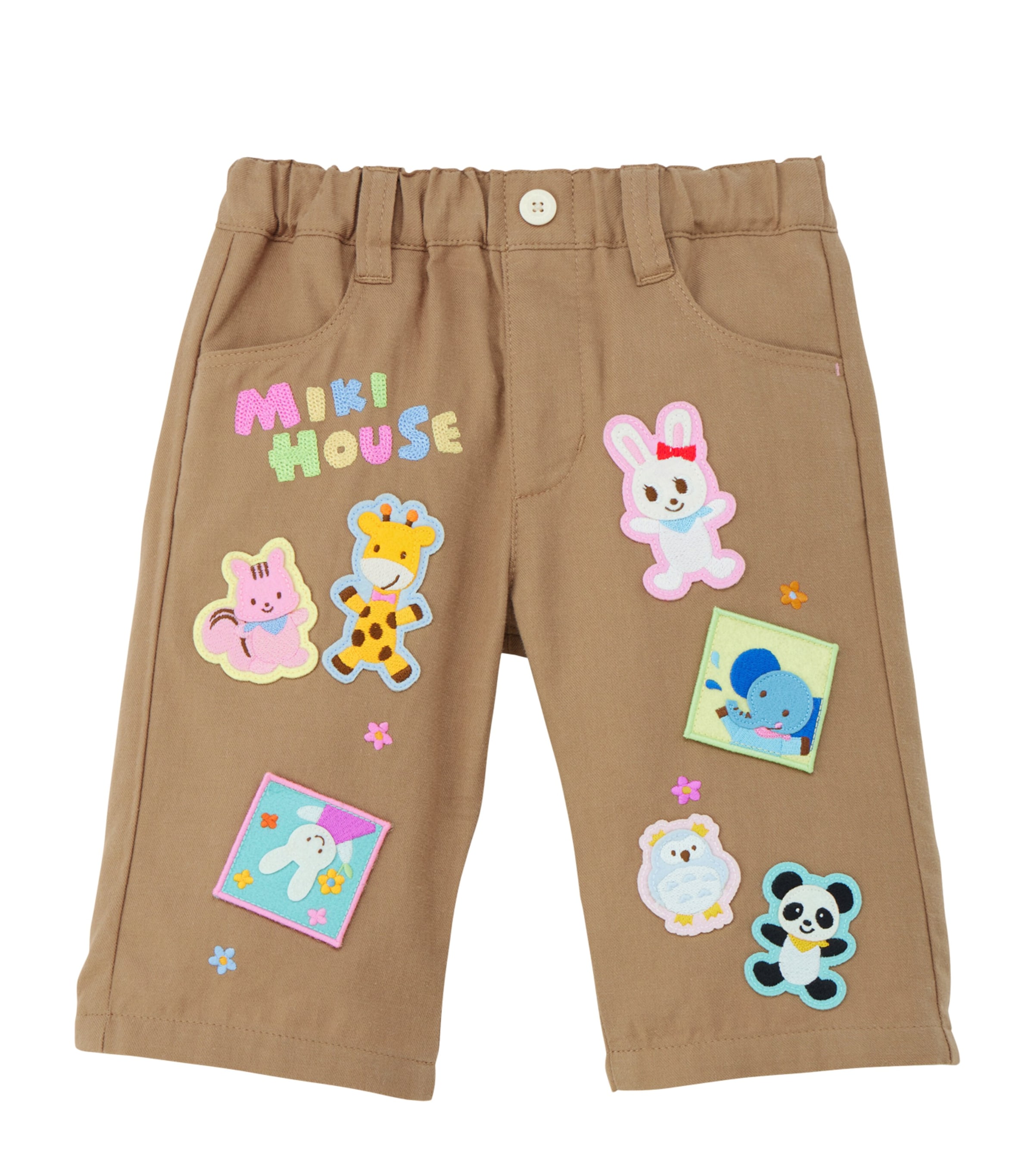 Miki House Cotton Animal Appliqué Trousers In Brown