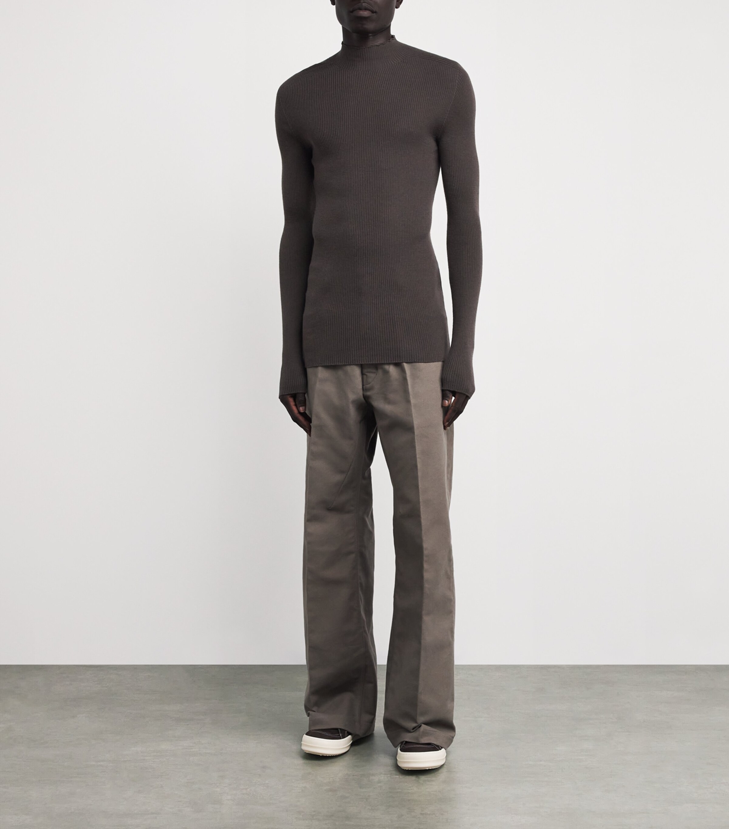 Rick Owens Mens Virgin Wool Ribbed Lupetto Sweater Darkdust Image 2