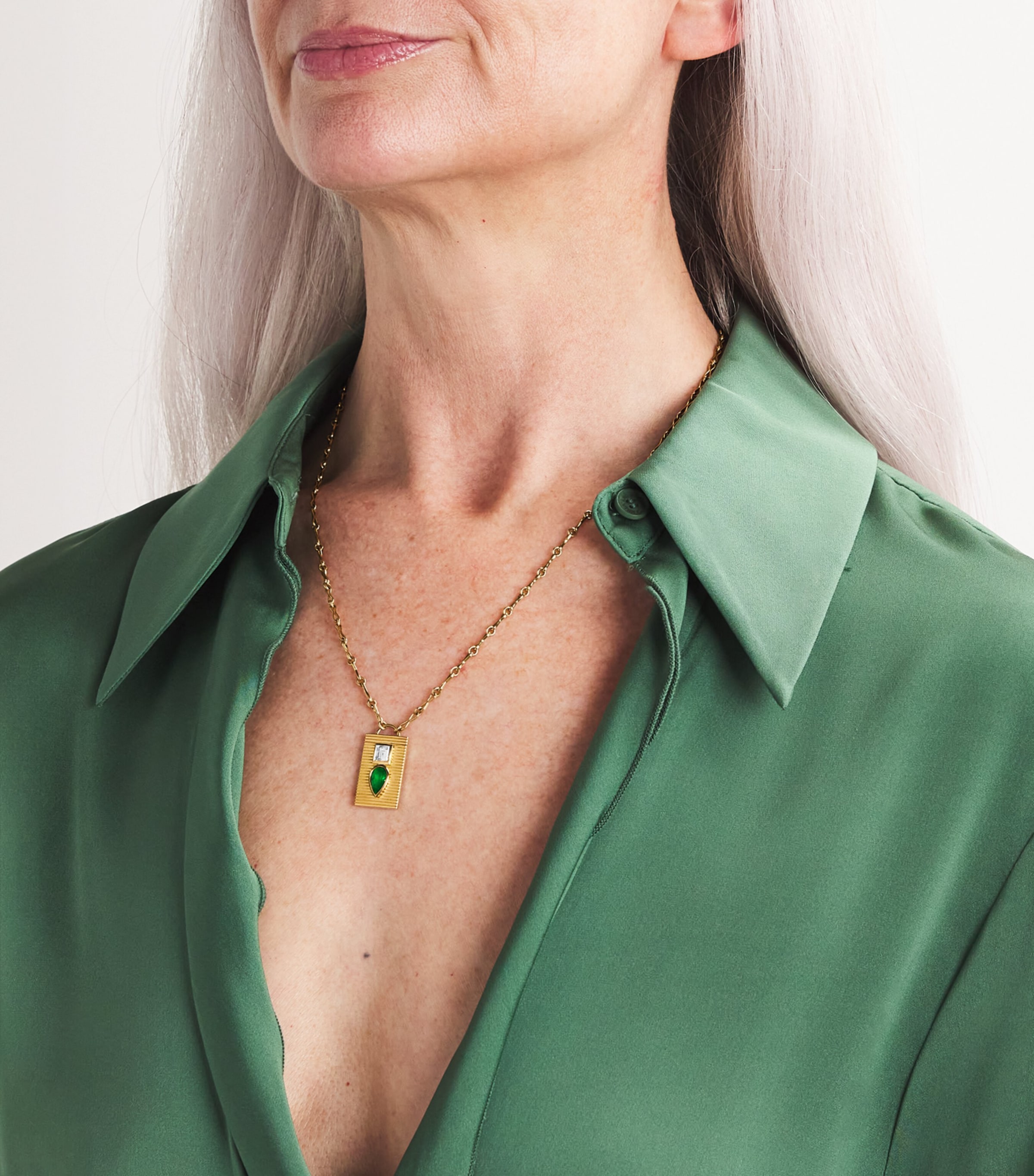 Yellow Gold, Diamond and Emerald Duet Necklace YELLOW GOLD Image 2