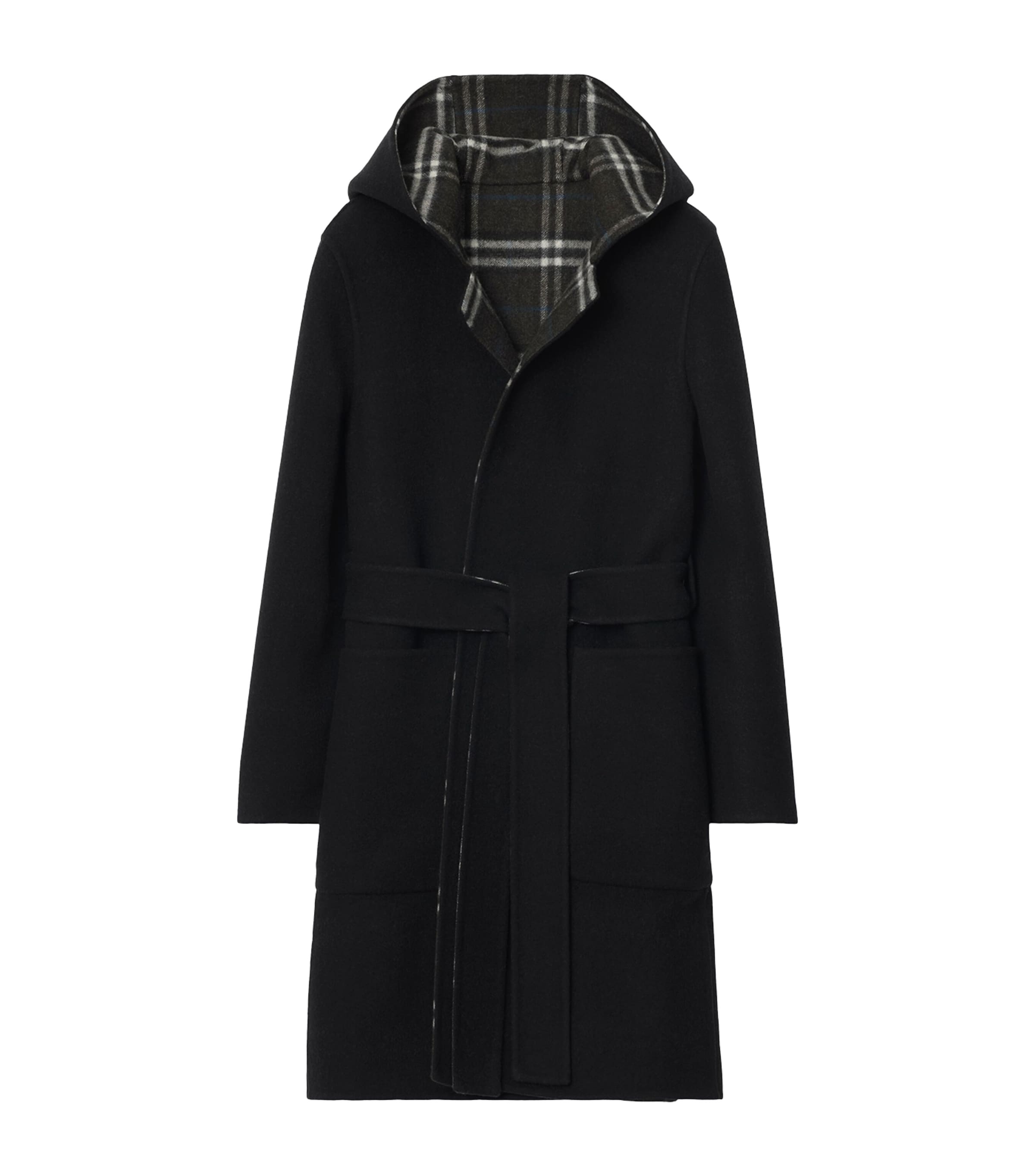 Burberry Wool Reversible Hooded Wrap Coat In Black