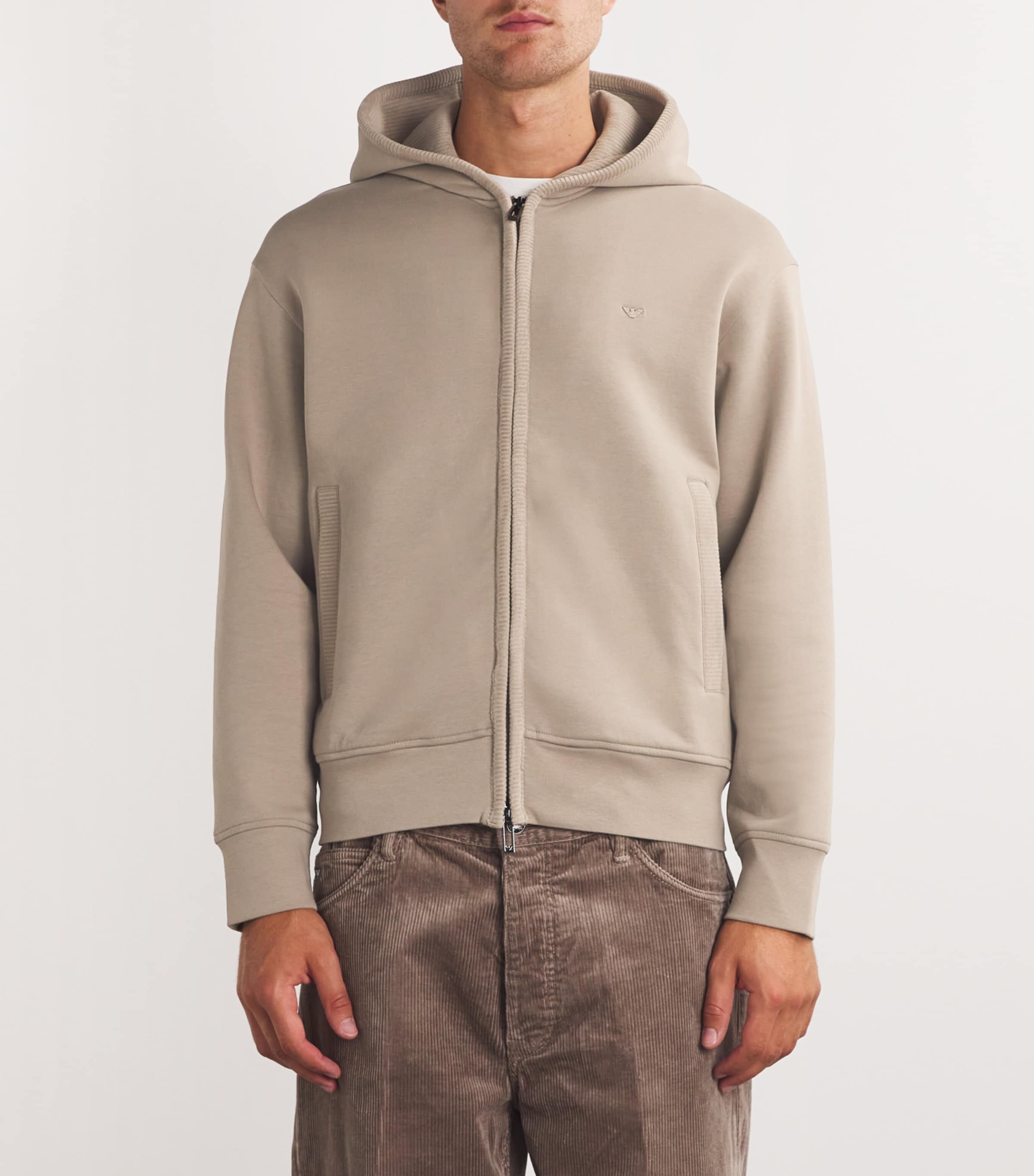 【EMPORIO ARMANI】 Men's Ribbed Hoodie ★ Light Beige Emporio Armani Velour-Trim Zip-Up Hoodie | Harrods US