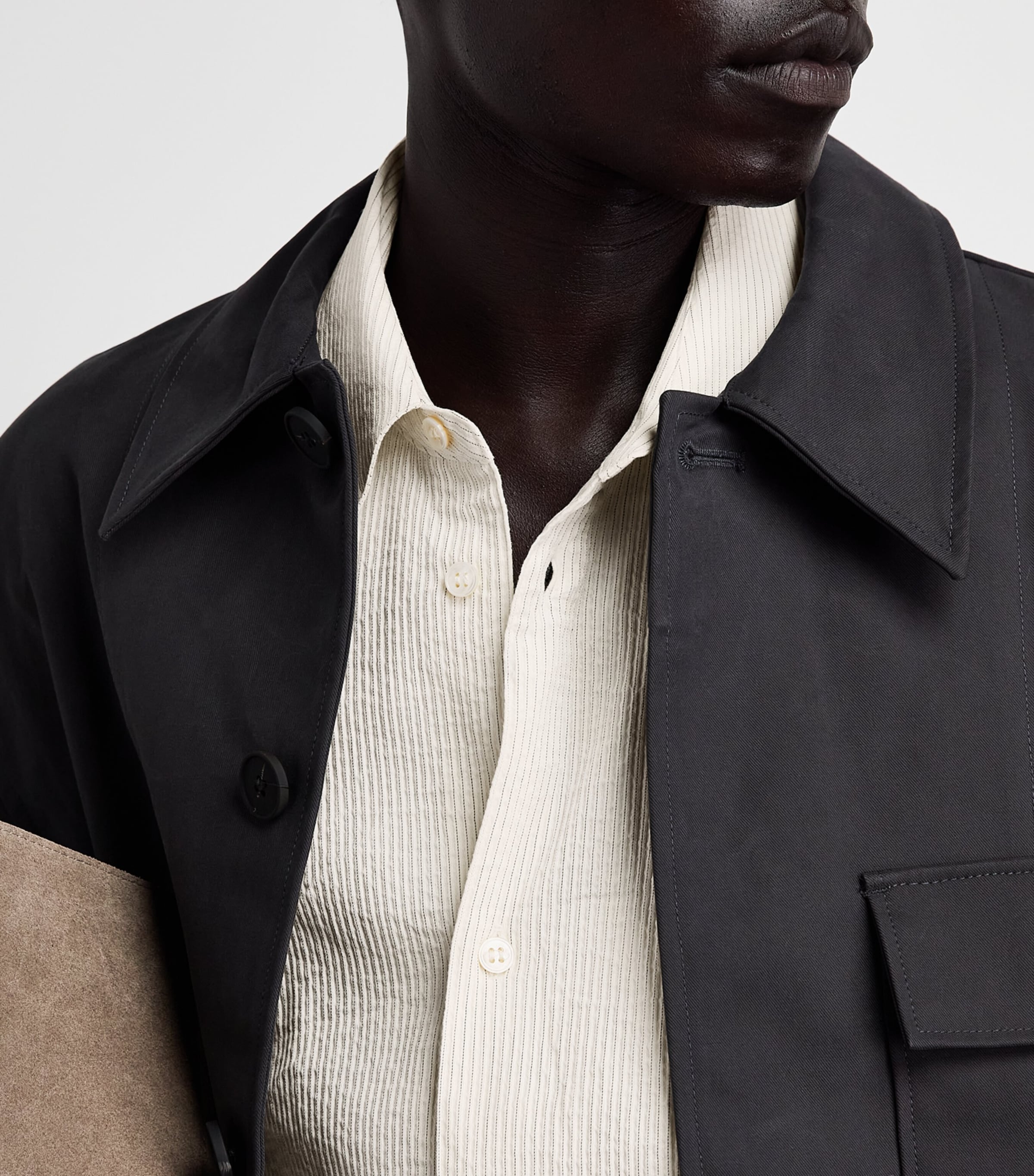 Studio Nicholson Mens Cotton-Linen Seersucker Stripe Shirt Parchment / Blk Strp Image 3