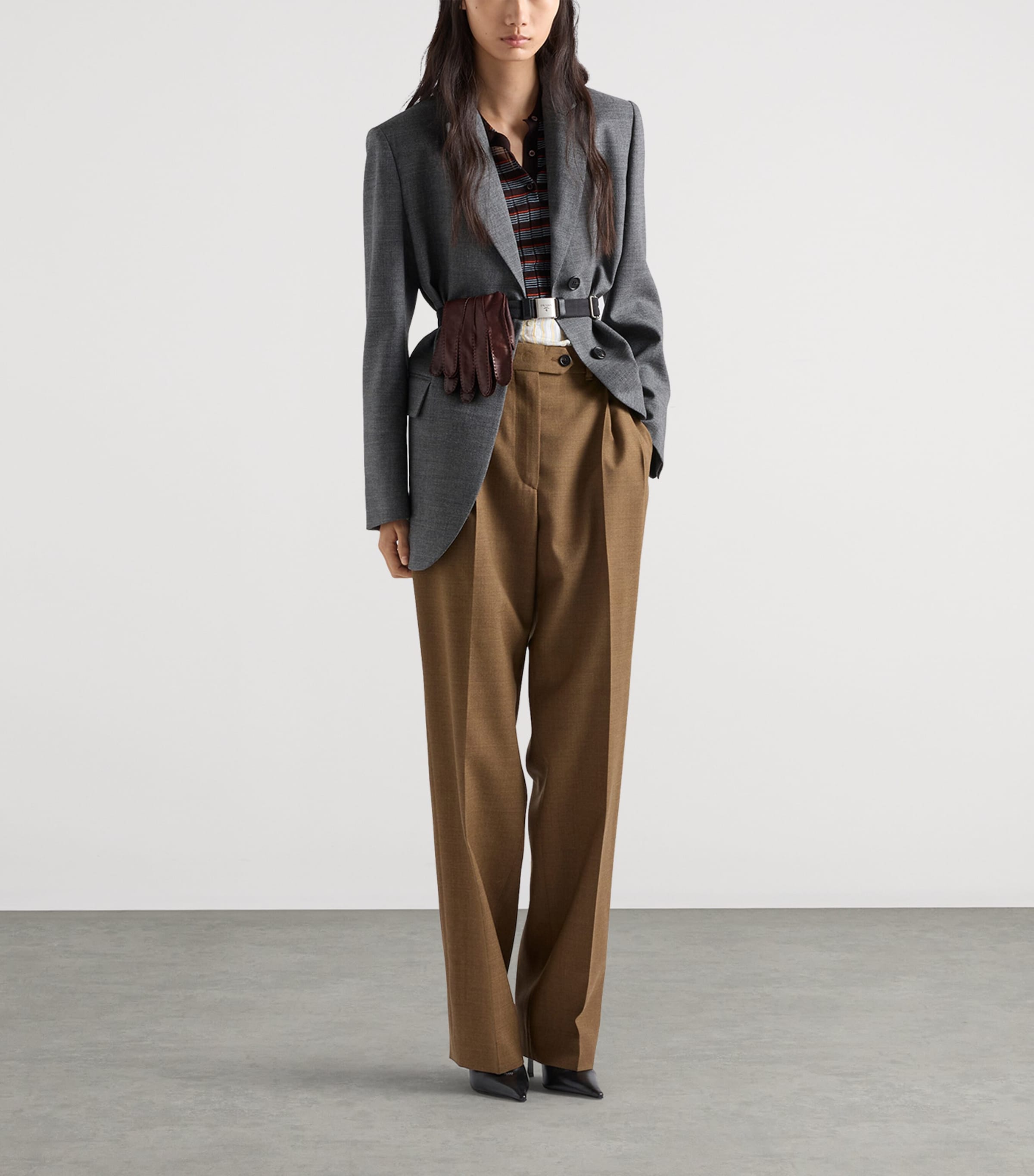 Prada Womens Cashmere-Silk Striped Polo Shirt Brown Image 2
