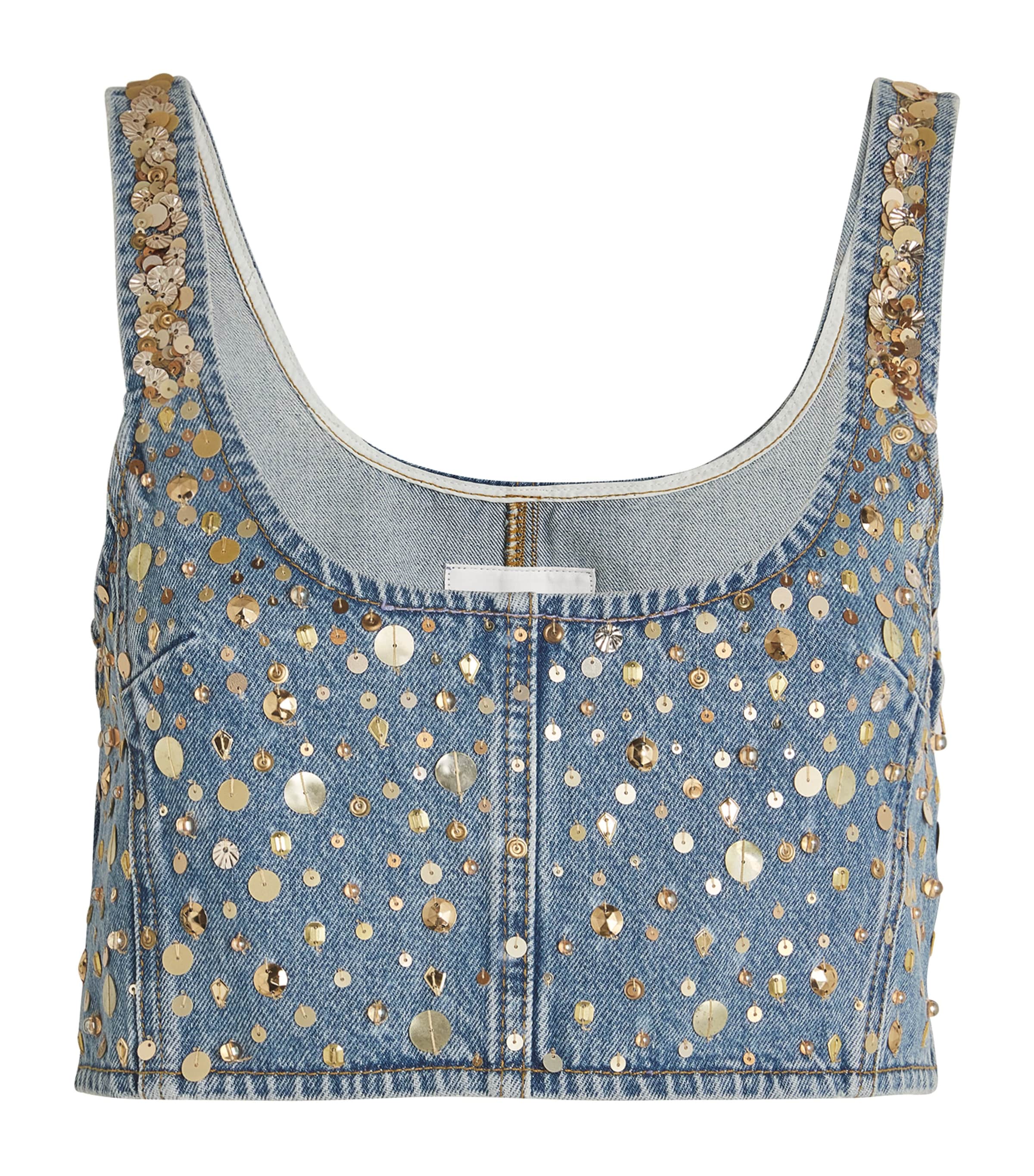 Frame The Champagne Sequin Denim Crop Top In Blue