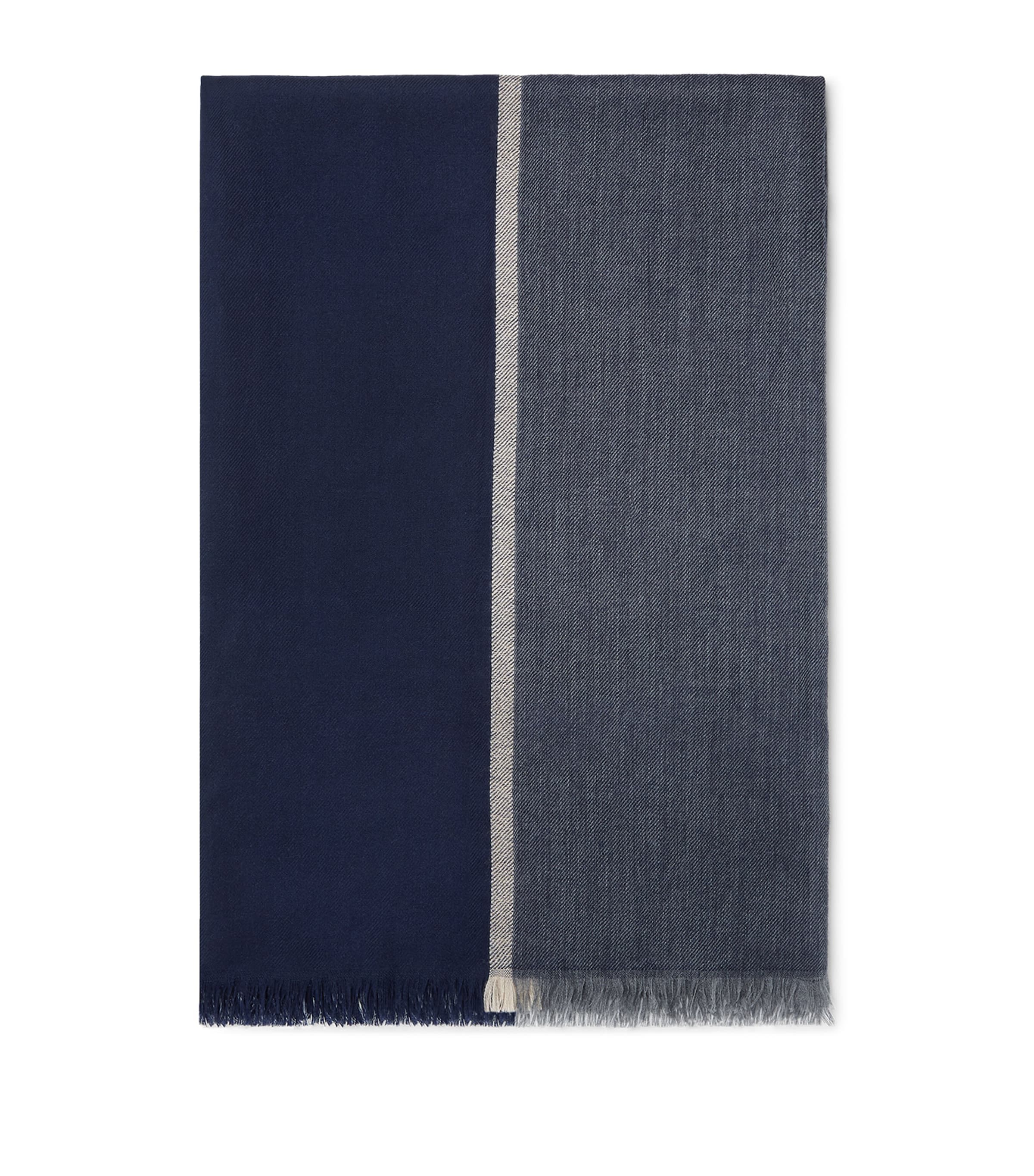 Brunello Cucinelli Wool-silk Blend Scarf With Fringed Edges In Blue