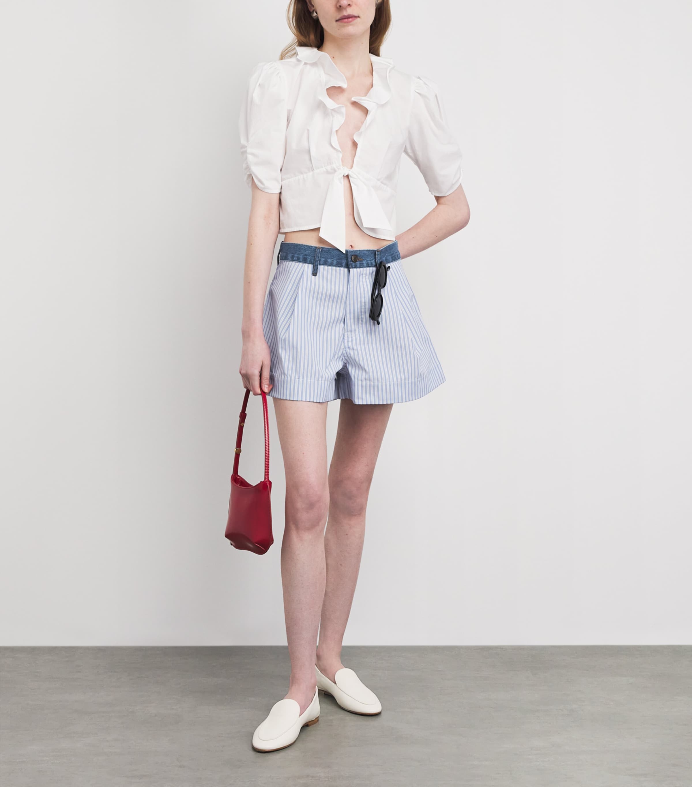 Sandro Paris Womens Poplin Denim-Trim Shorts Blue / Green Image 2