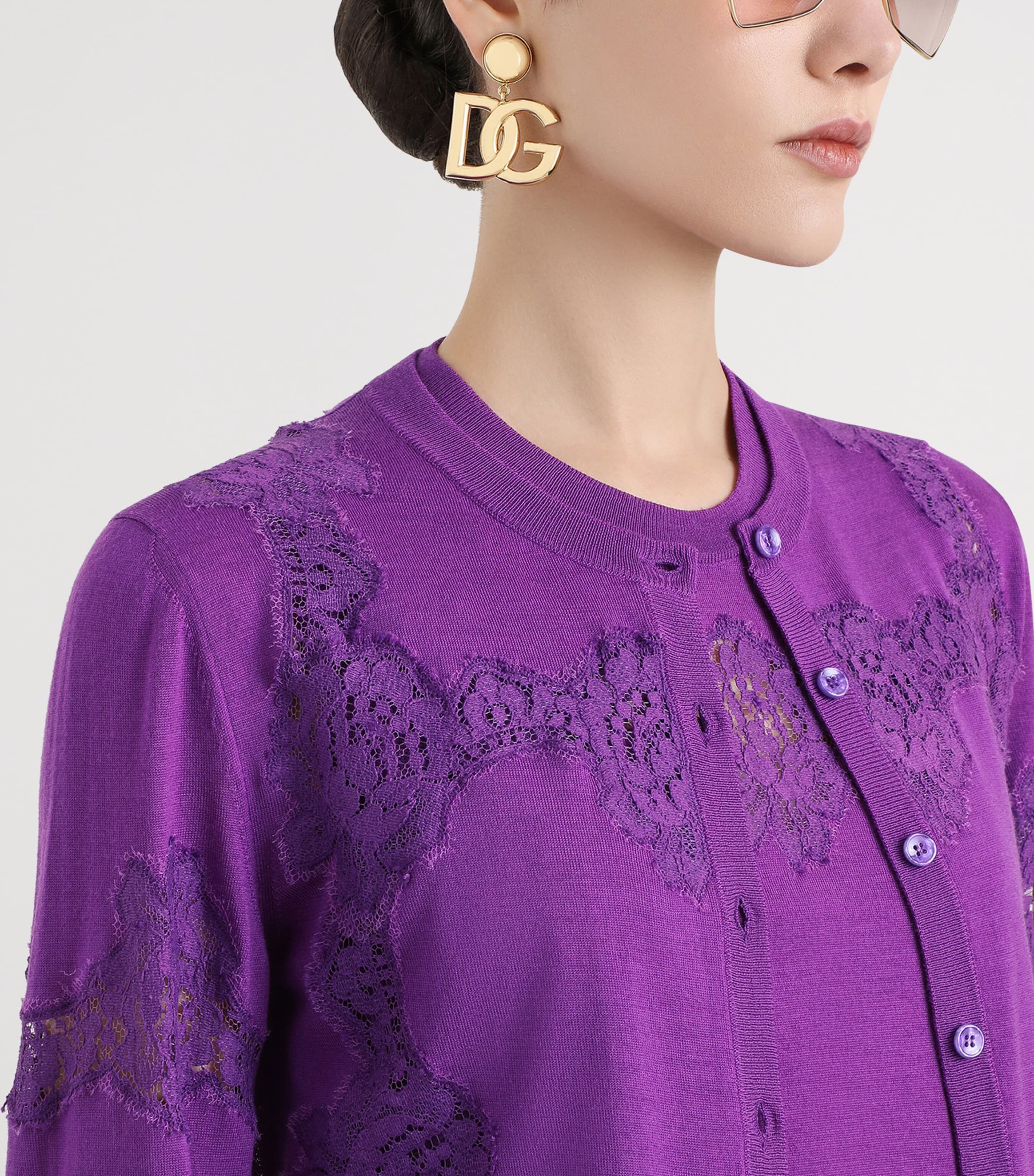Wool-Blend Lace-Trim Cardigan F0571-PURPLE Image 4