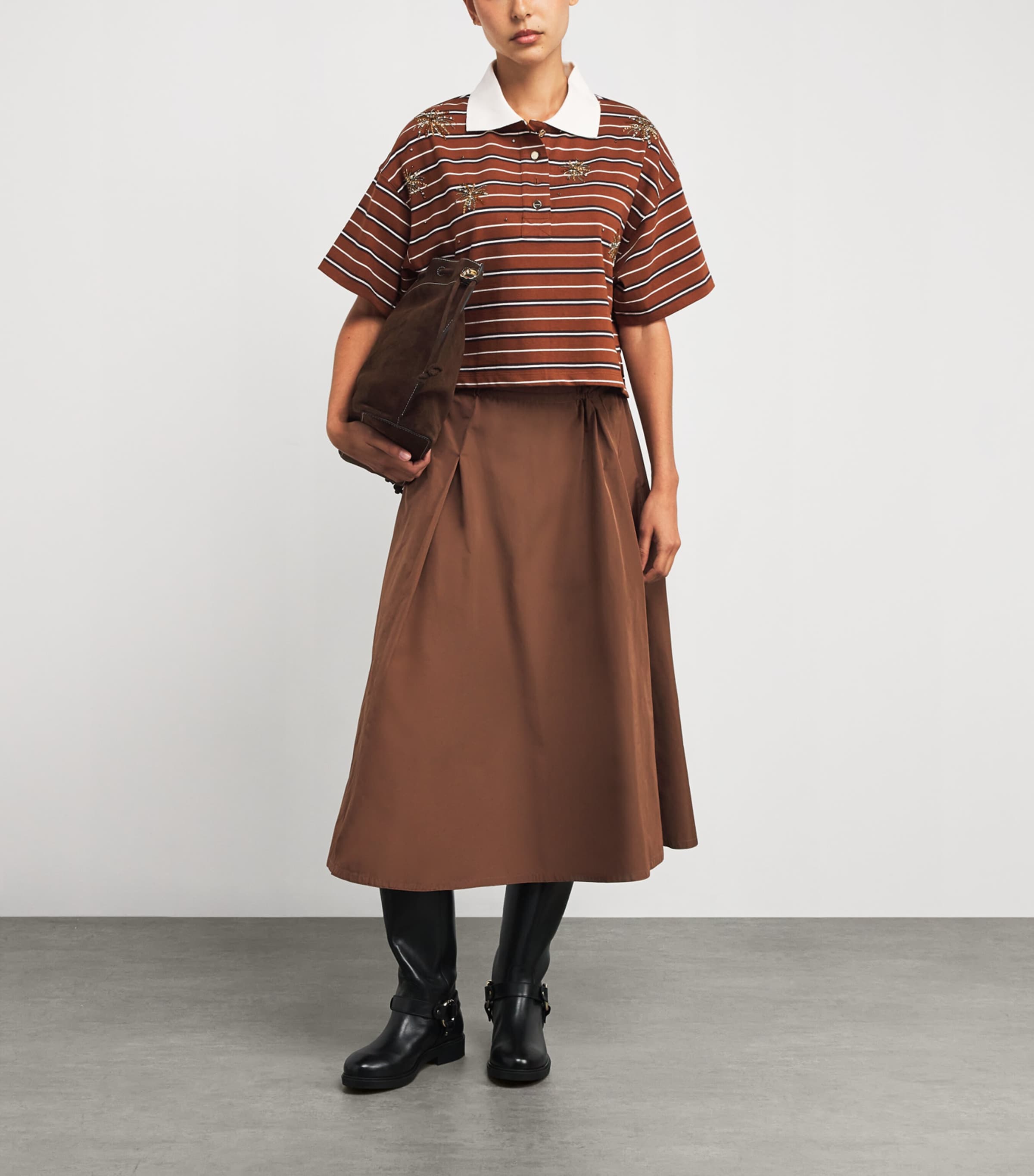 Cotton Stripe Embellished Polo Shirt BROWN Image 2