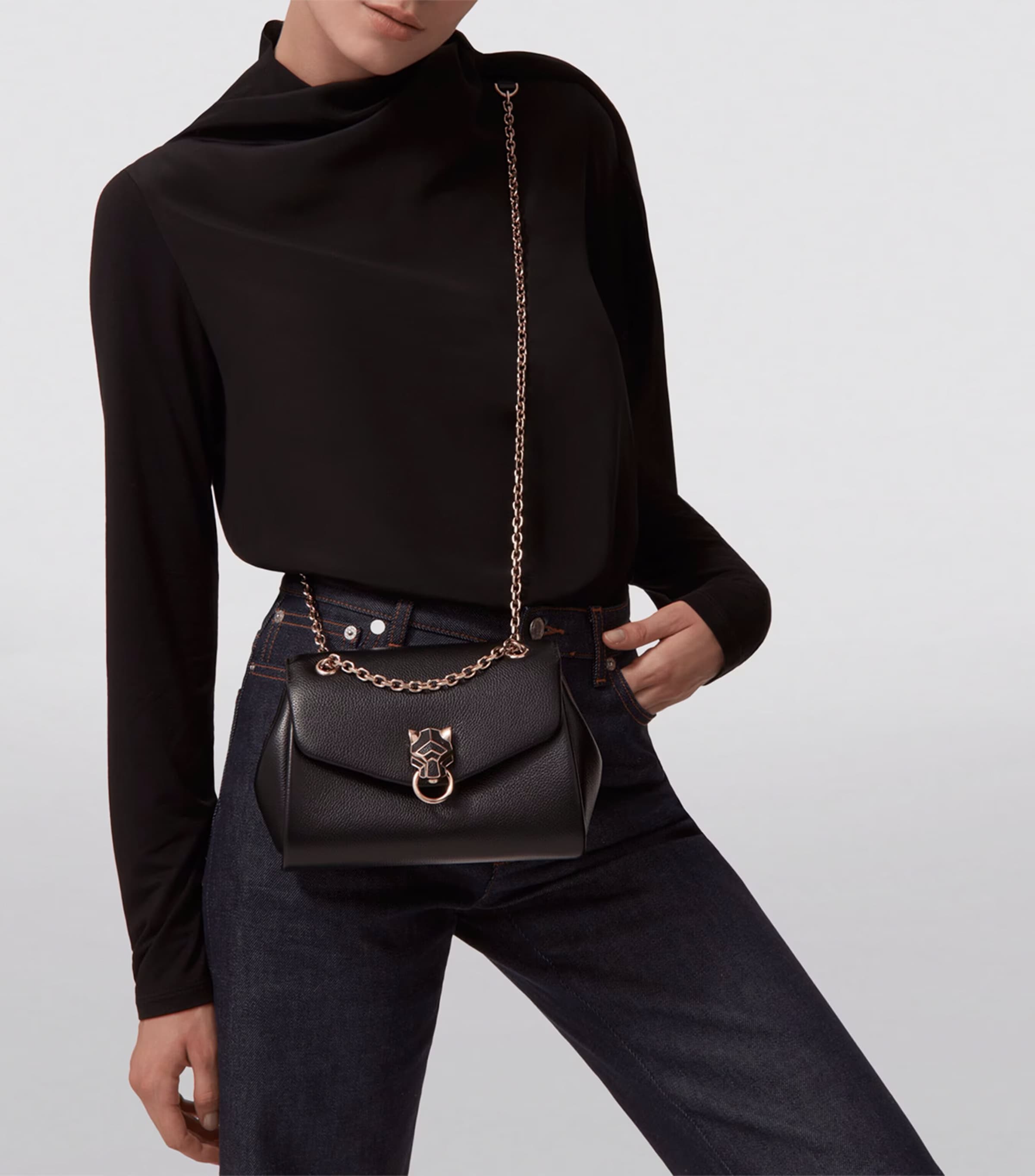 Small Leather Panthère de Cartier Shoulder Bag BLACK Image 3